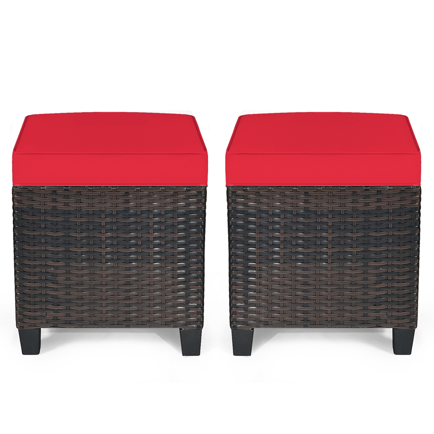 Costway – 2 pièces – Pouf de patio en rotin, siège rembourré, repose-pieds, table basse rouge