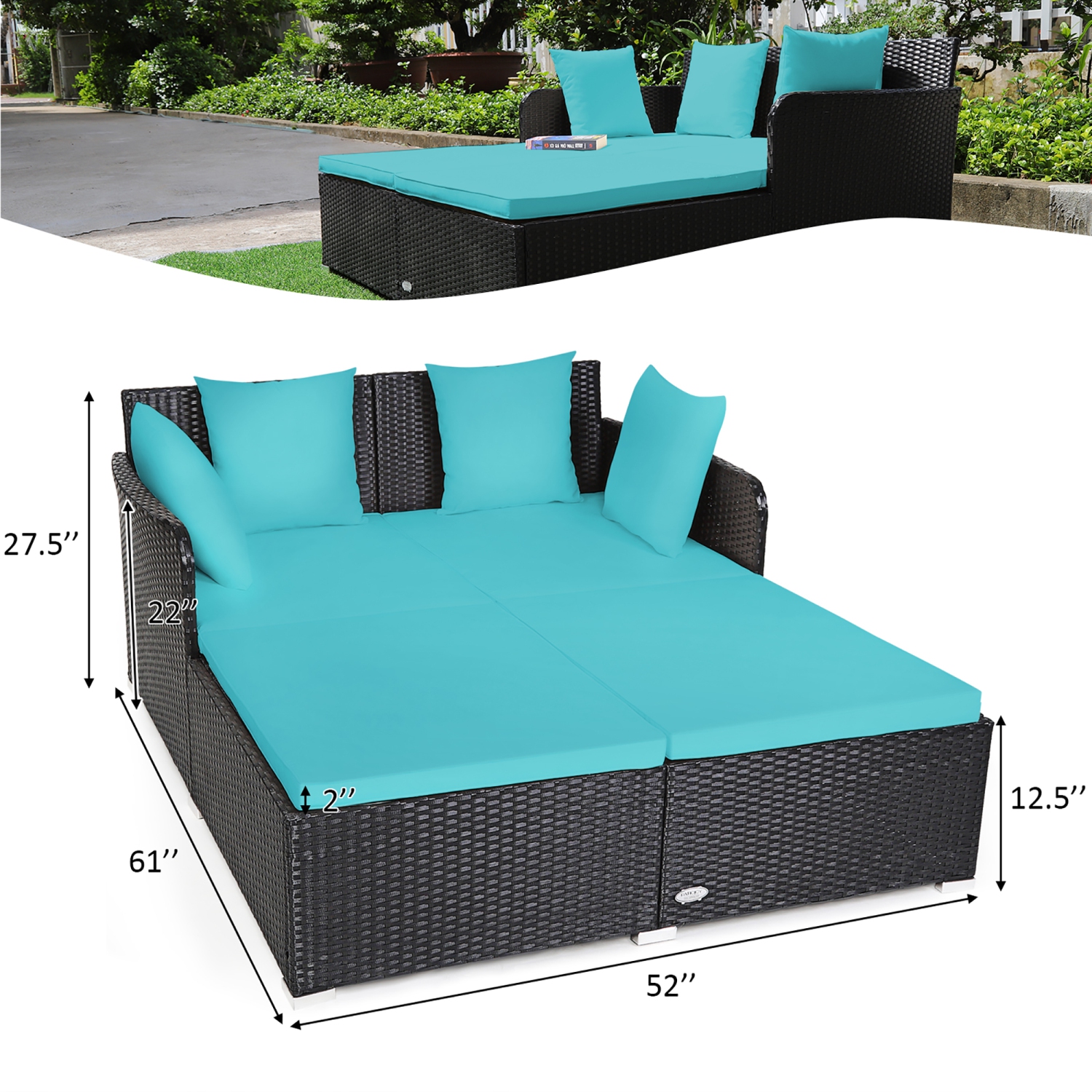 Costway Outdoor Patio Rattan Daybed Pillows Cushioned Sofa Furniture
