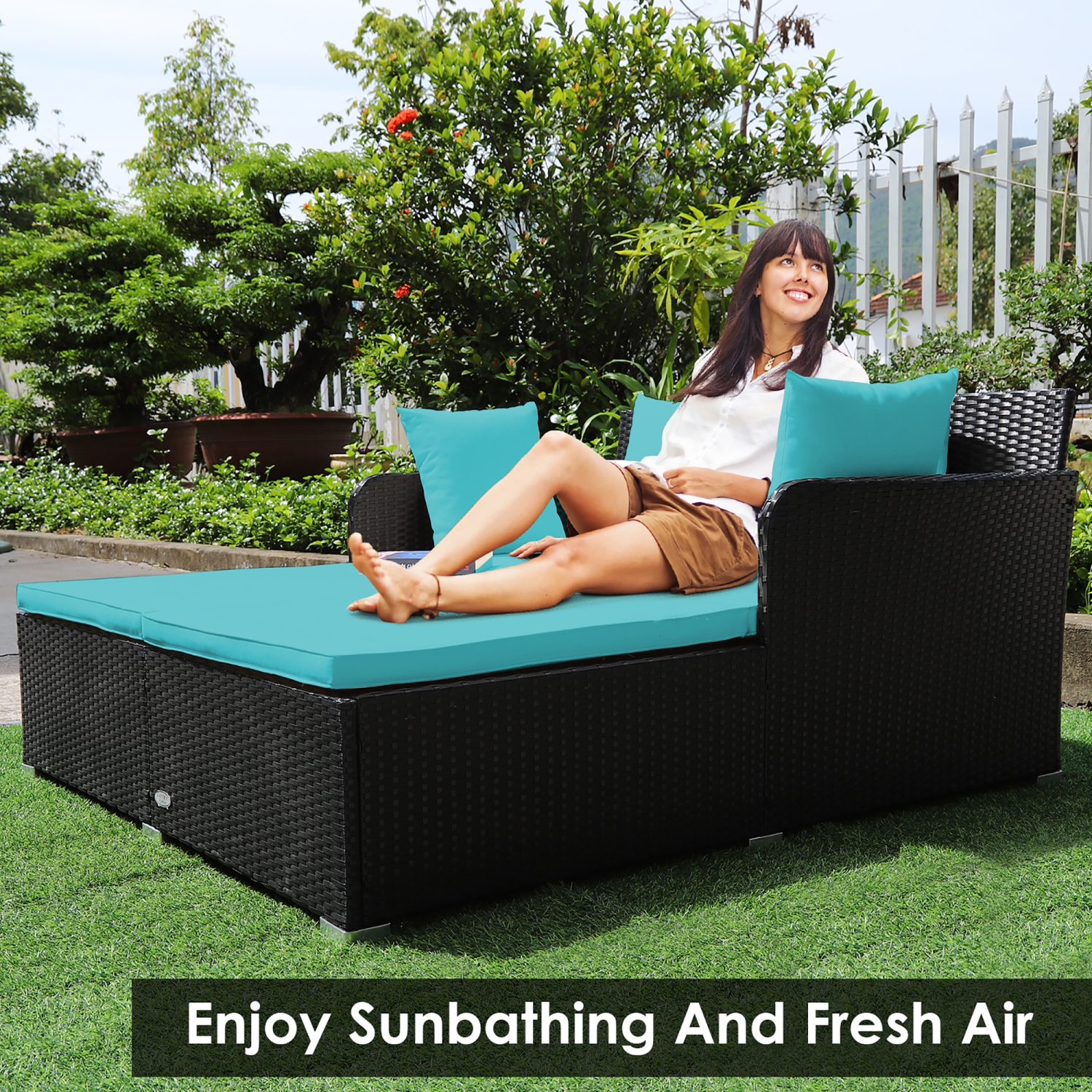 Costway Outdoor Patio Rattan Daybed Pillows Cushioned Sofa Furniture