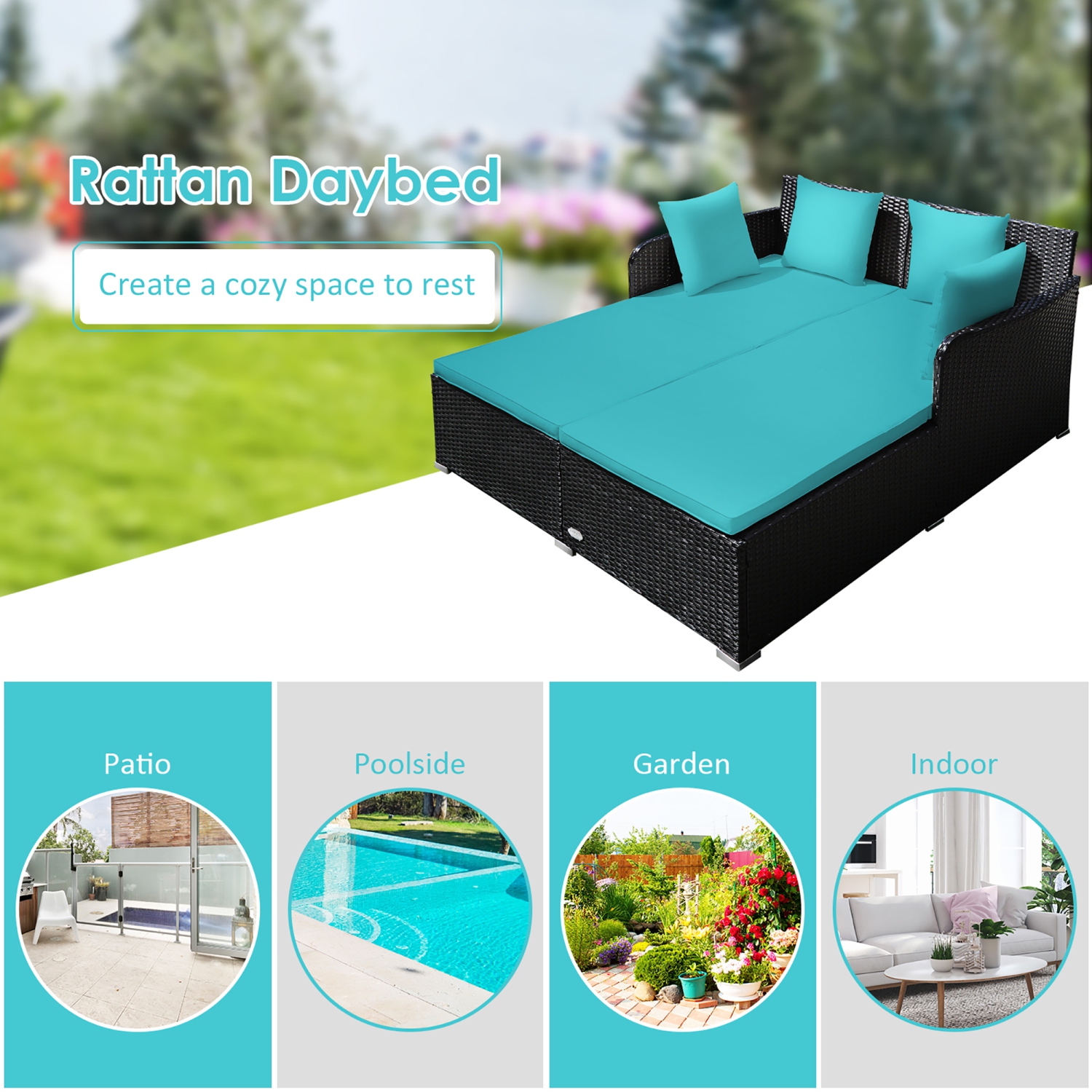 Costway Outdoor Patio Rattan Daybed Pillows Cushioned Sofa Furniture
