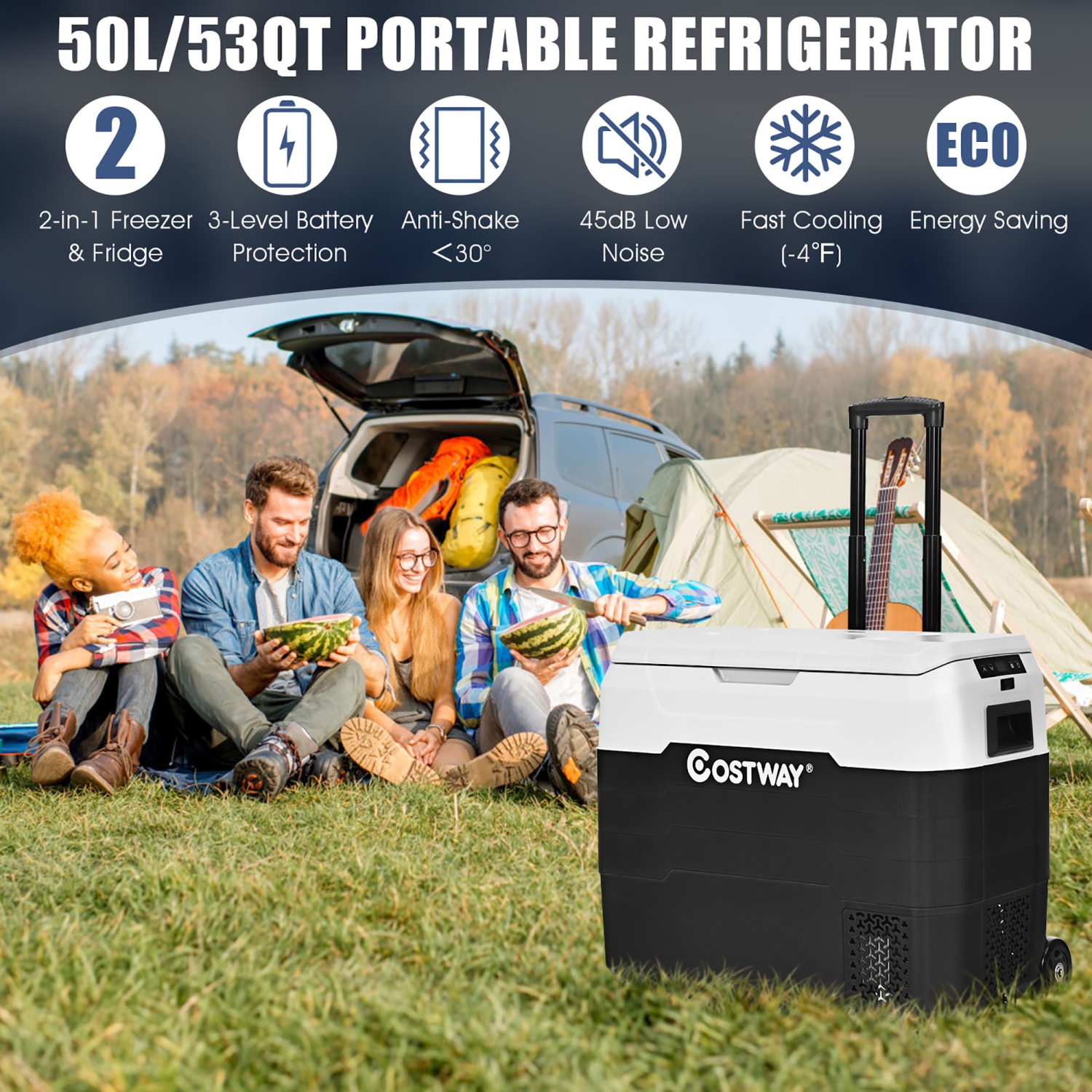 Costway 53 QT Portable Car Refrigerator -4°F to 50°F Dual-Zone Car Cooler