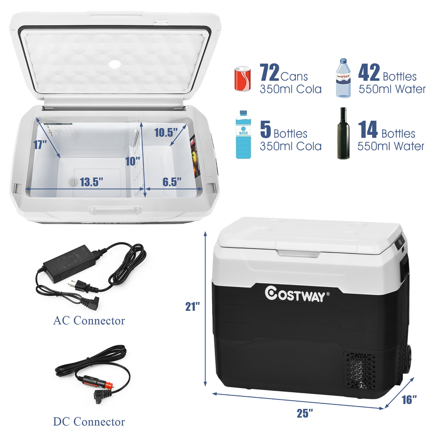Costway 53 QT Portable Car Refrigerator -4°F to 50°F Dual-Zone Car Cooler