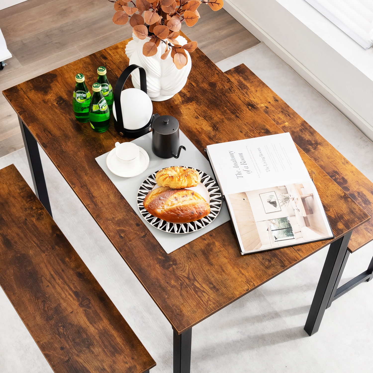 Costway 3pcs Dining Table Set Modern Studio Collection Table and 2 Bench Coffee