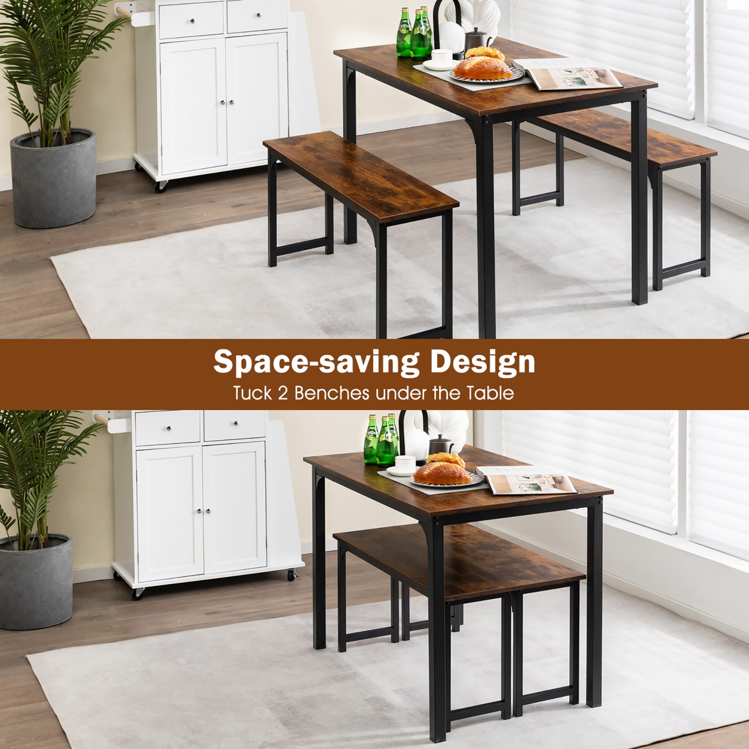 Costway 3pcs Dining Table Set Modern Studio Collection Table and 2 Bench Coffee
