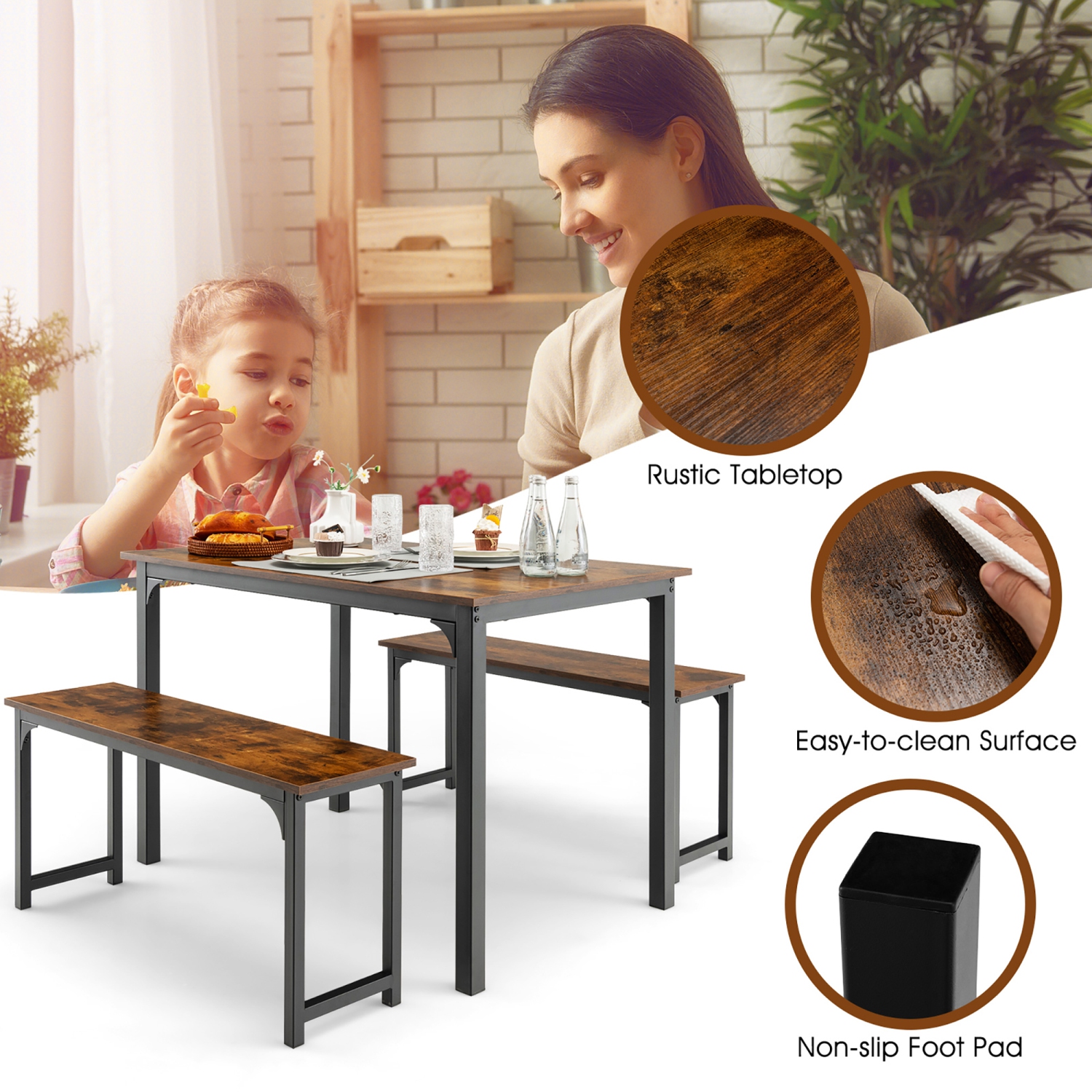 Costway 3pcs Dining Table Set Modern Studio Collection Table and 2 Bench Coffee