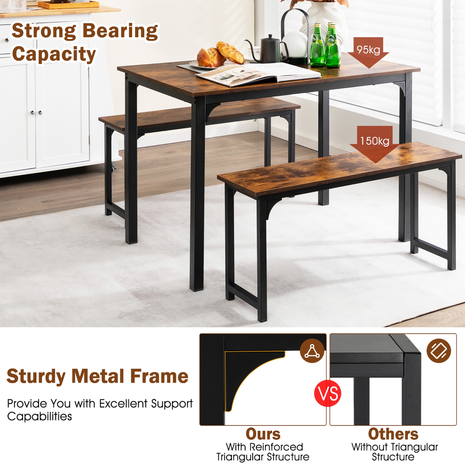 Costway 3pcs Dining Table Set Modern Studio Collection Table and 2 Bench Coffee