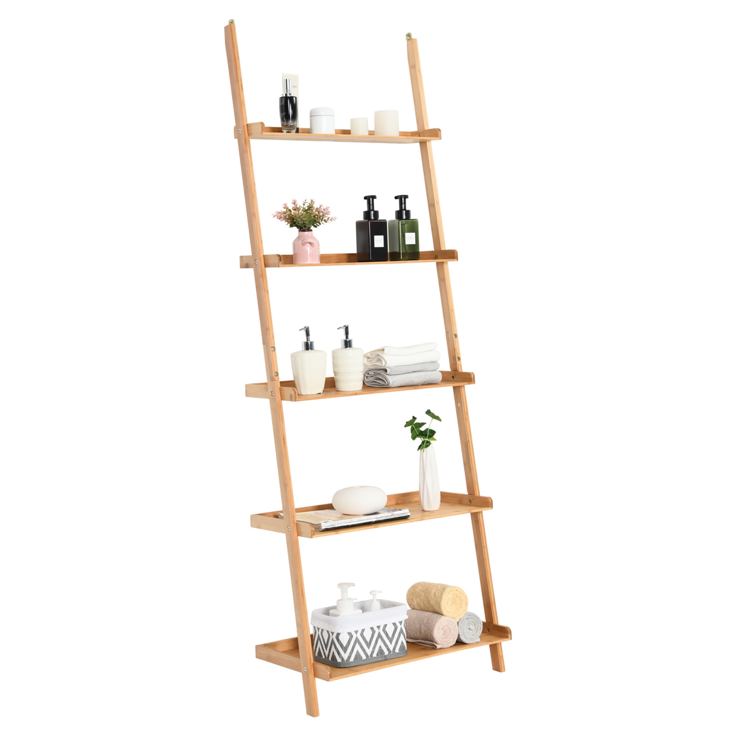 Costway 5-Tier Ladder Shelf Bamboo Bookshelf Wall-Leaning Storage Display Plant Stand