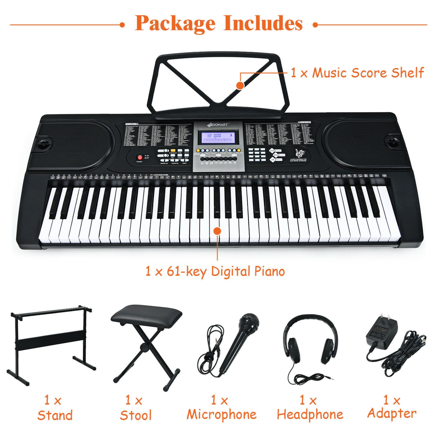 Gymax 61-Key Electronic Keyboard Piano Starter Set w/Stand Bench Headphones