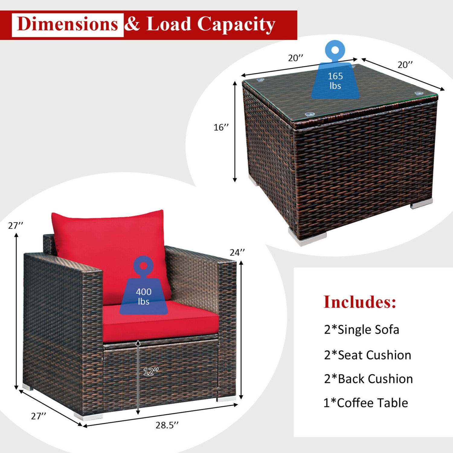 Gymax 3PCS Rattan Patio Outdoor Conversation Furniture Set w/ Red Cushions