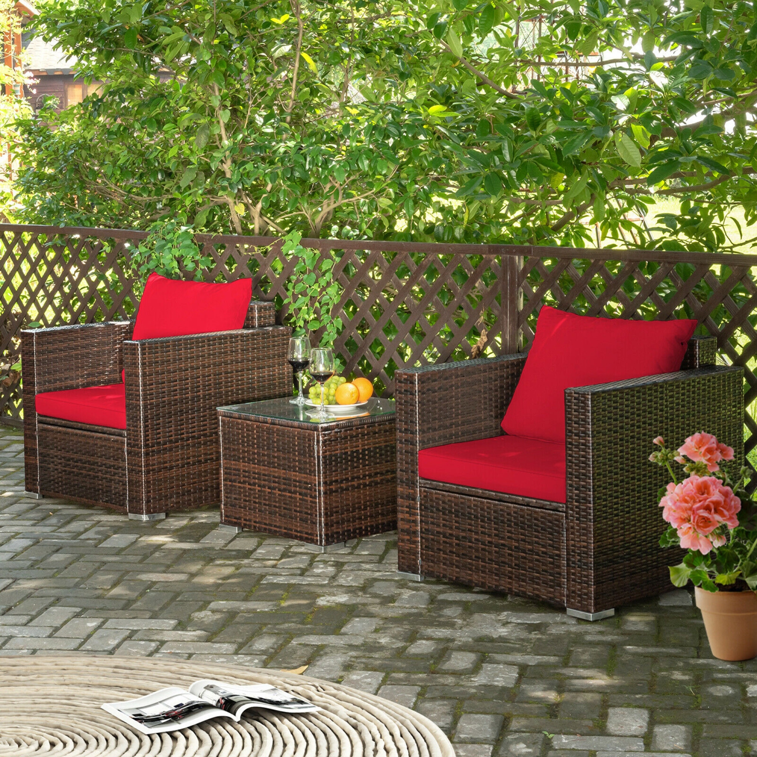 Gymax 3PCS Rattan Patio Outdoor Conversation Furniture Set w/ Red Cushions