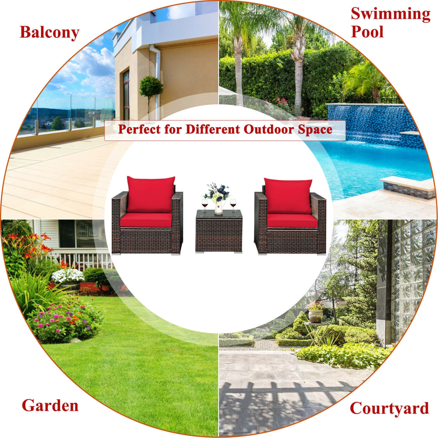 Gymax 3PCS Rattan Patio Outdoor Conversation Furniture Set w/ Red Cushions