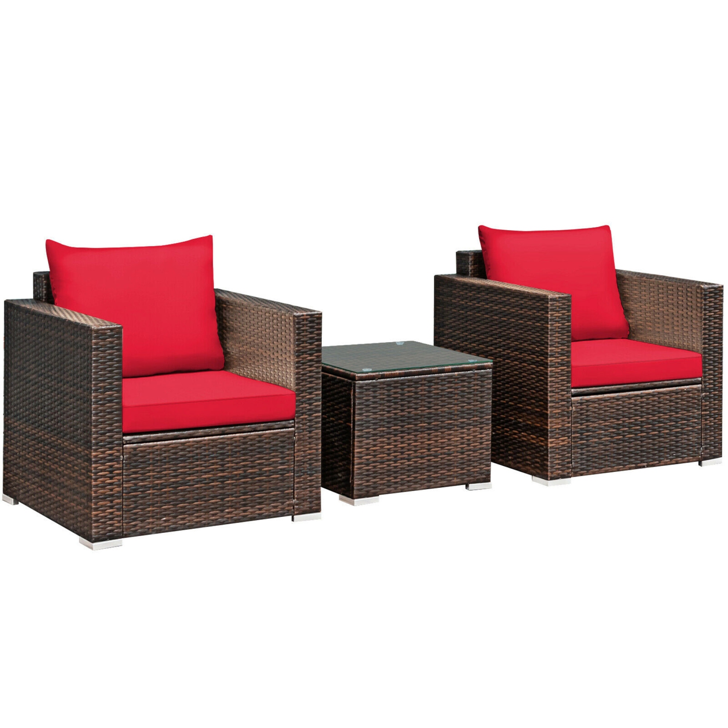 Gymax 3PCS Rattan Patio Outdoor Conversation Furniture Set w/ Red Cushions