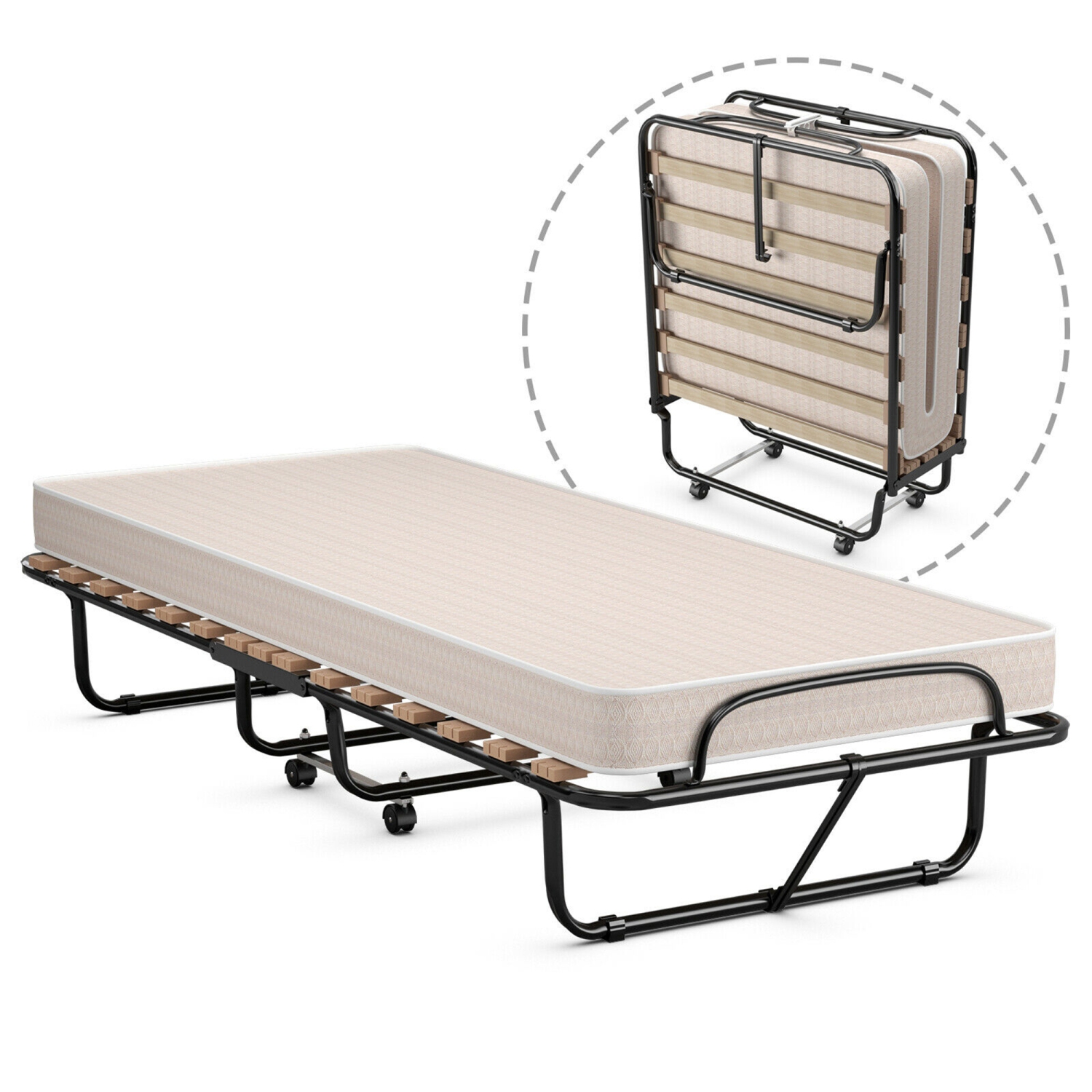 Gymax Lit Pliant à Roulettes pour Invité Supplémentaire avec Matelas en Mousse à Mémoire