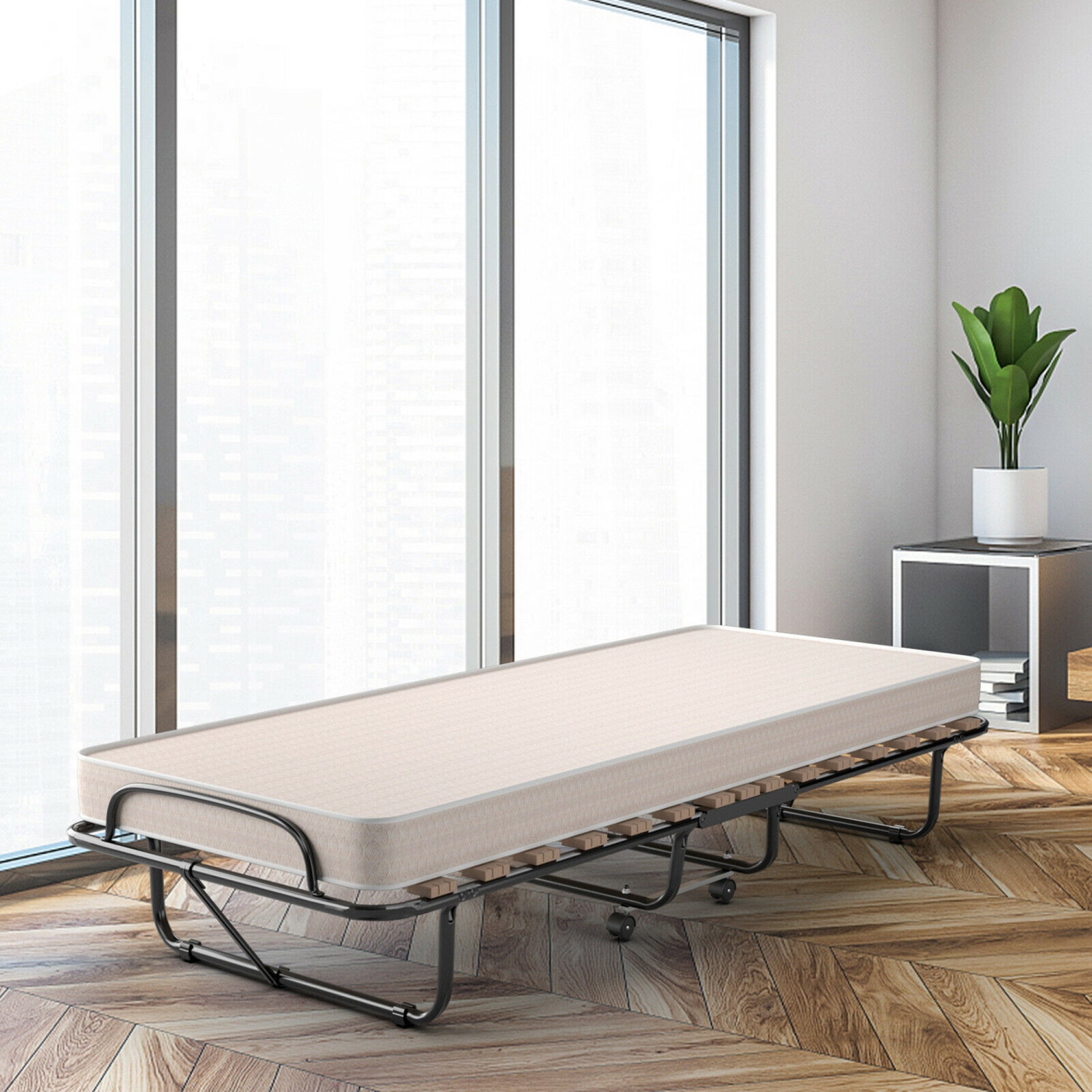 Gymax Lit Pliant à Roulettes pour Invité Supplémentaire avec Matelas en Mousse à Mémoire