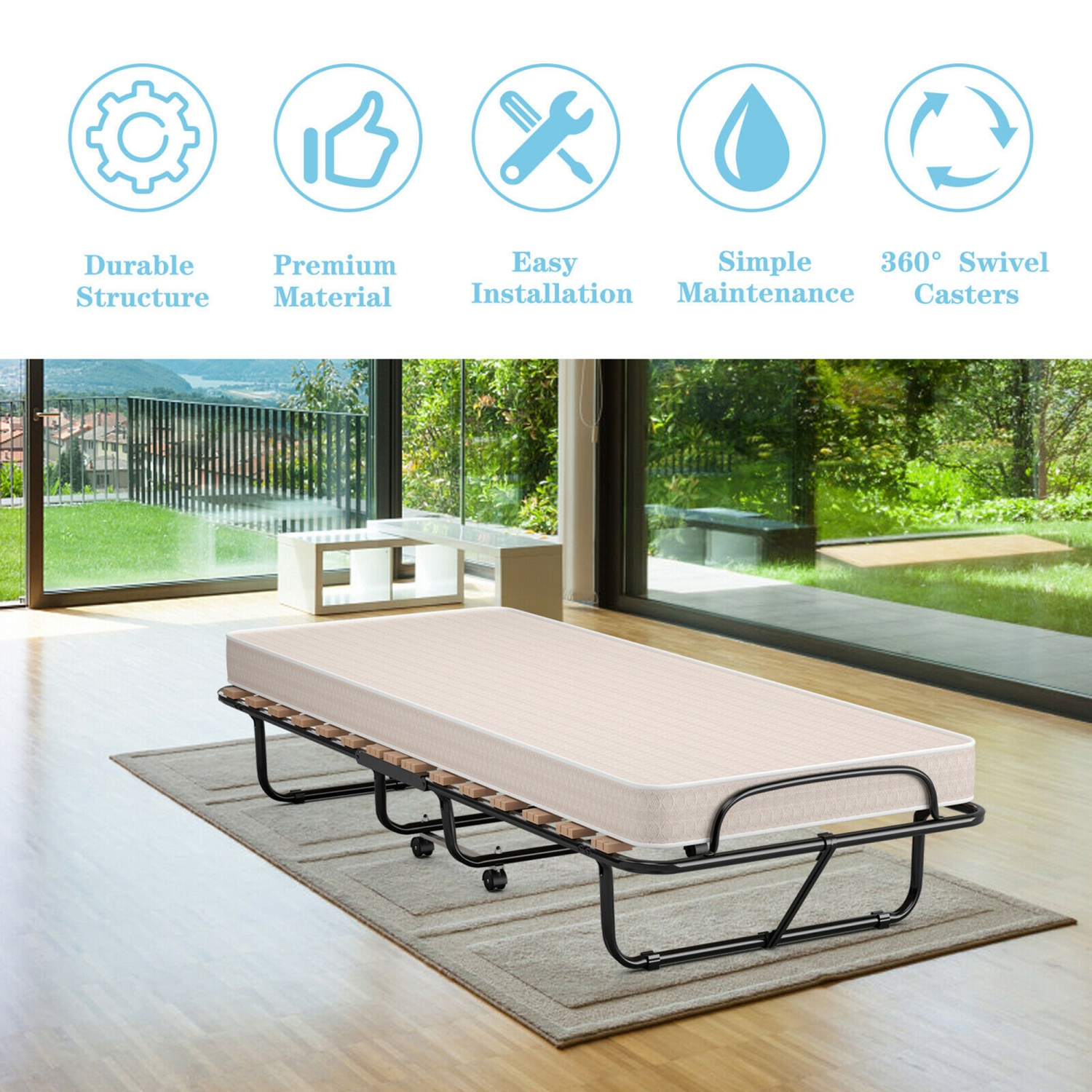 Gymax Lit Pliant à Roulettes pour Invité Supplémentaire avec Matelas en Mousse à Mémoire