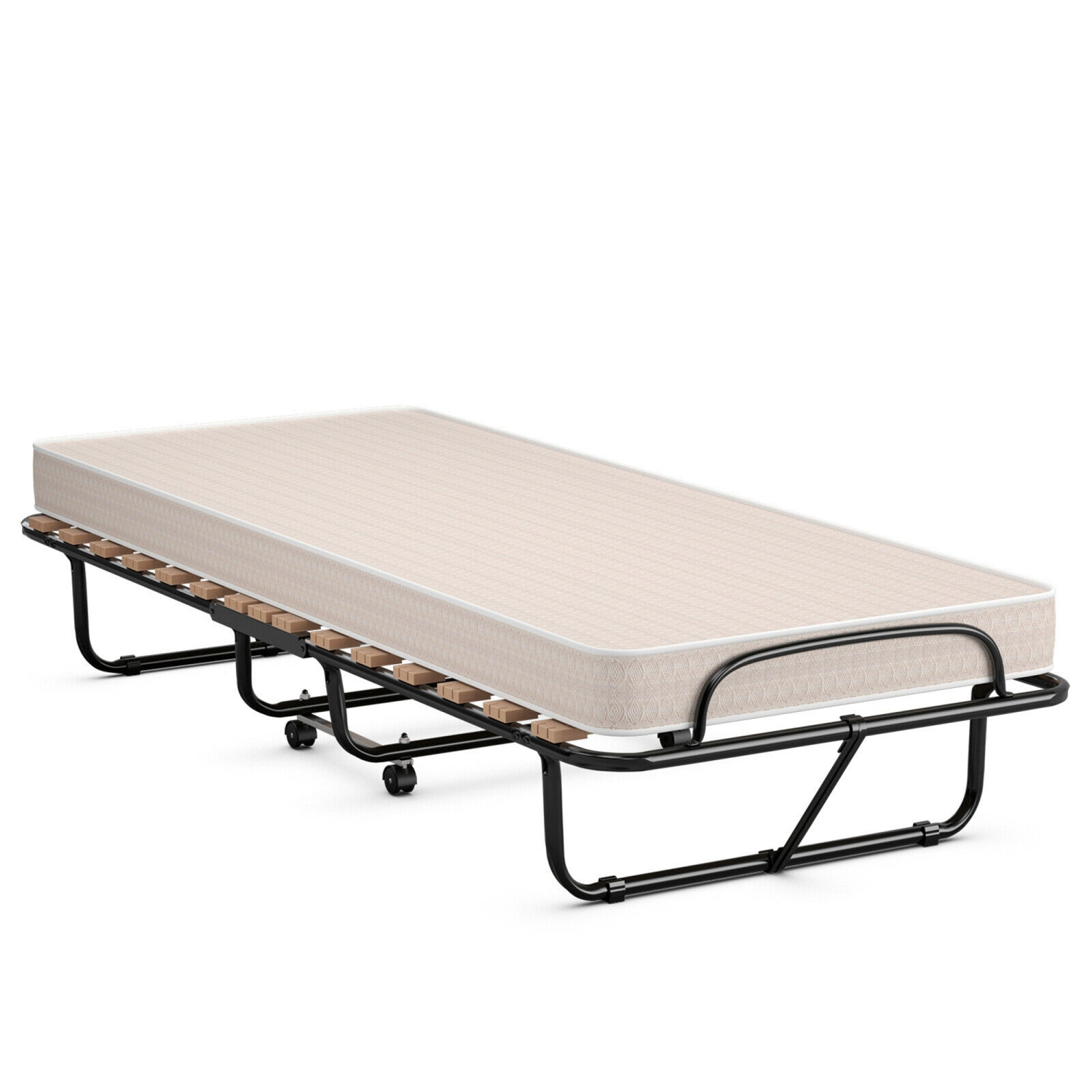 Gymax Lit Pliant à Roulettes pour Invité Supplémentaire avec Matelas en Mousse à Mémoire