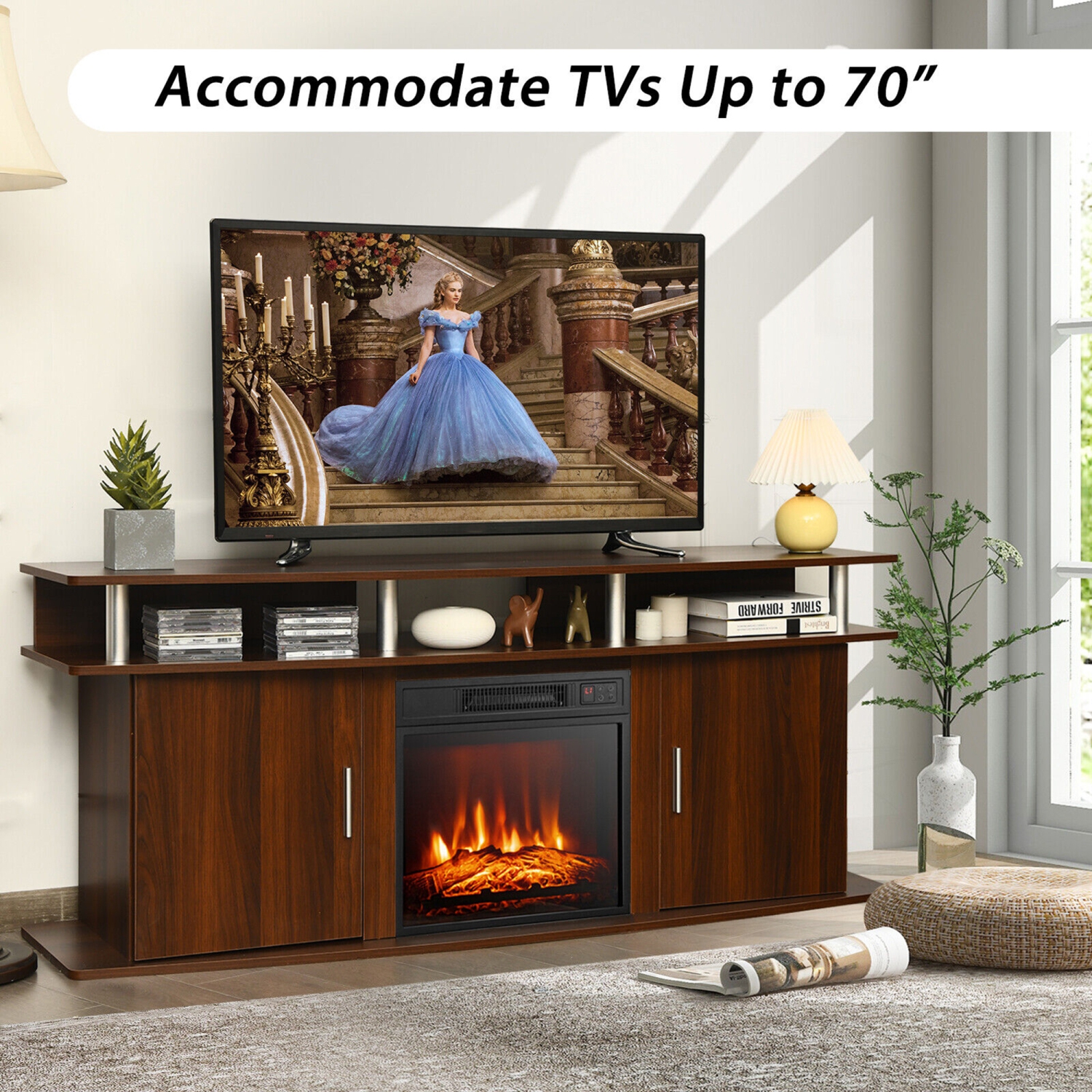 Gymax 63'' Fireplace TV Stand W/18'' 1400W Electric Fireplace up to 70''