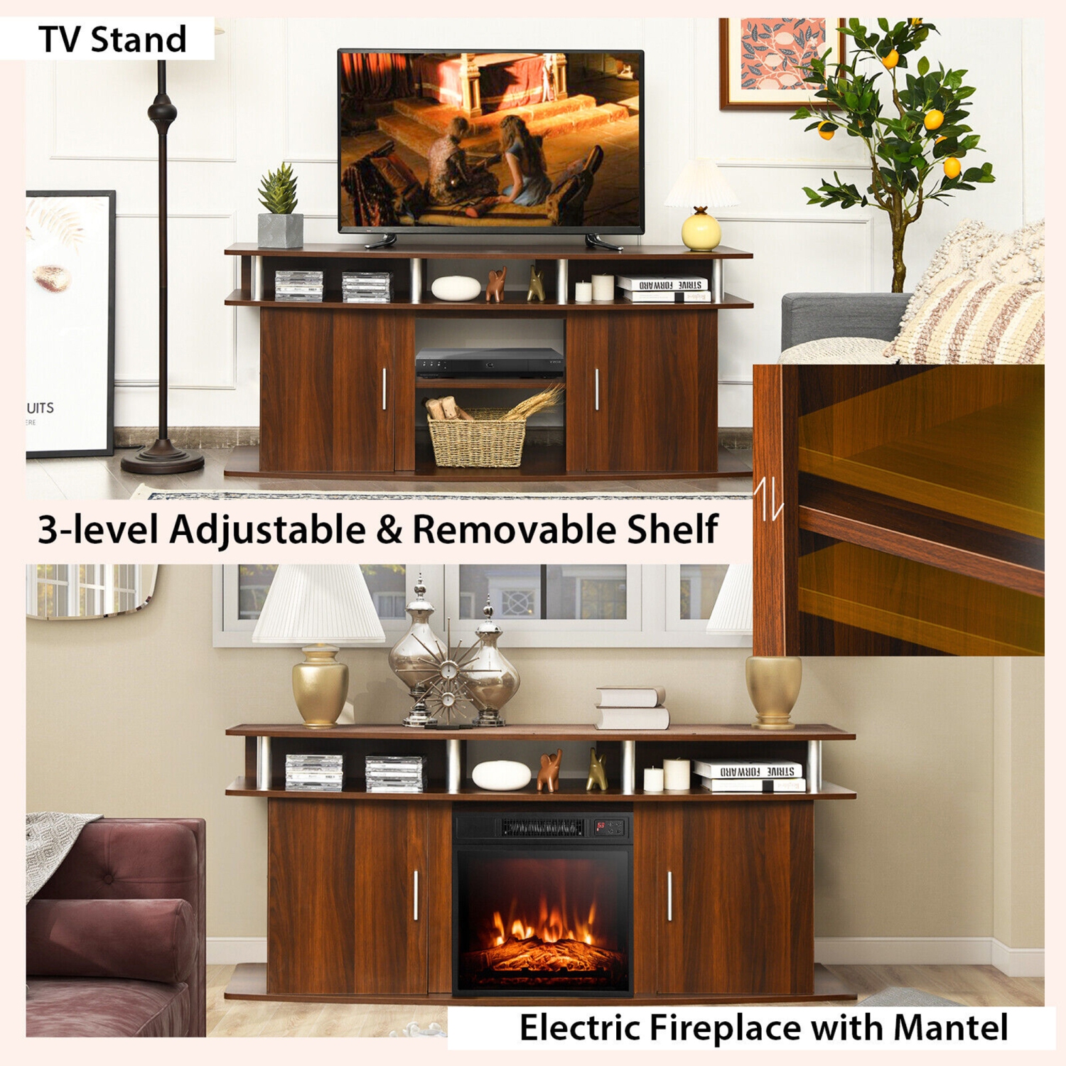 Gymax 63'' Fireplace TV Stand W/18'' 1400W Electric Fireplace up to 70''