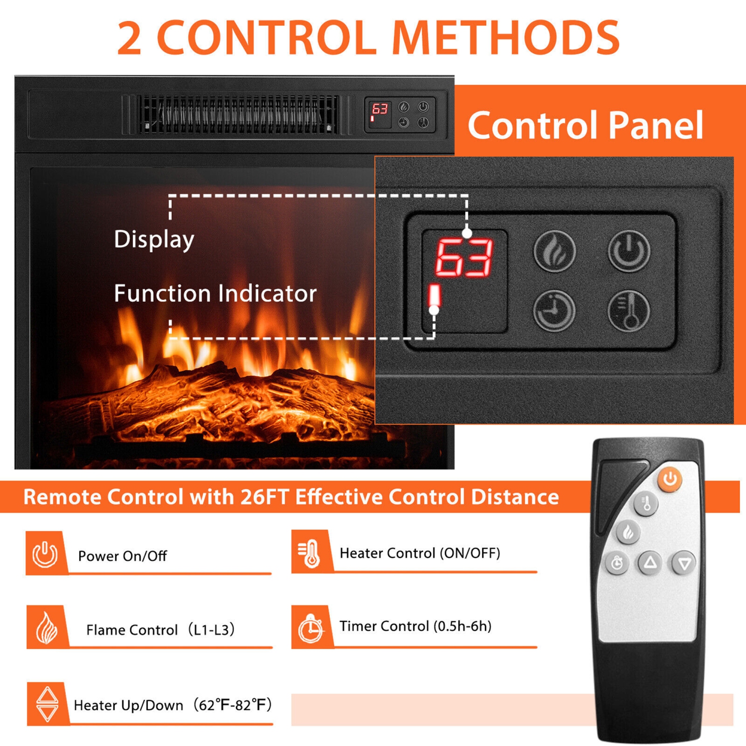 Gymax 63'' Fireplace TV Stand W/18'' 1400W Electric Fireplace up to 70''