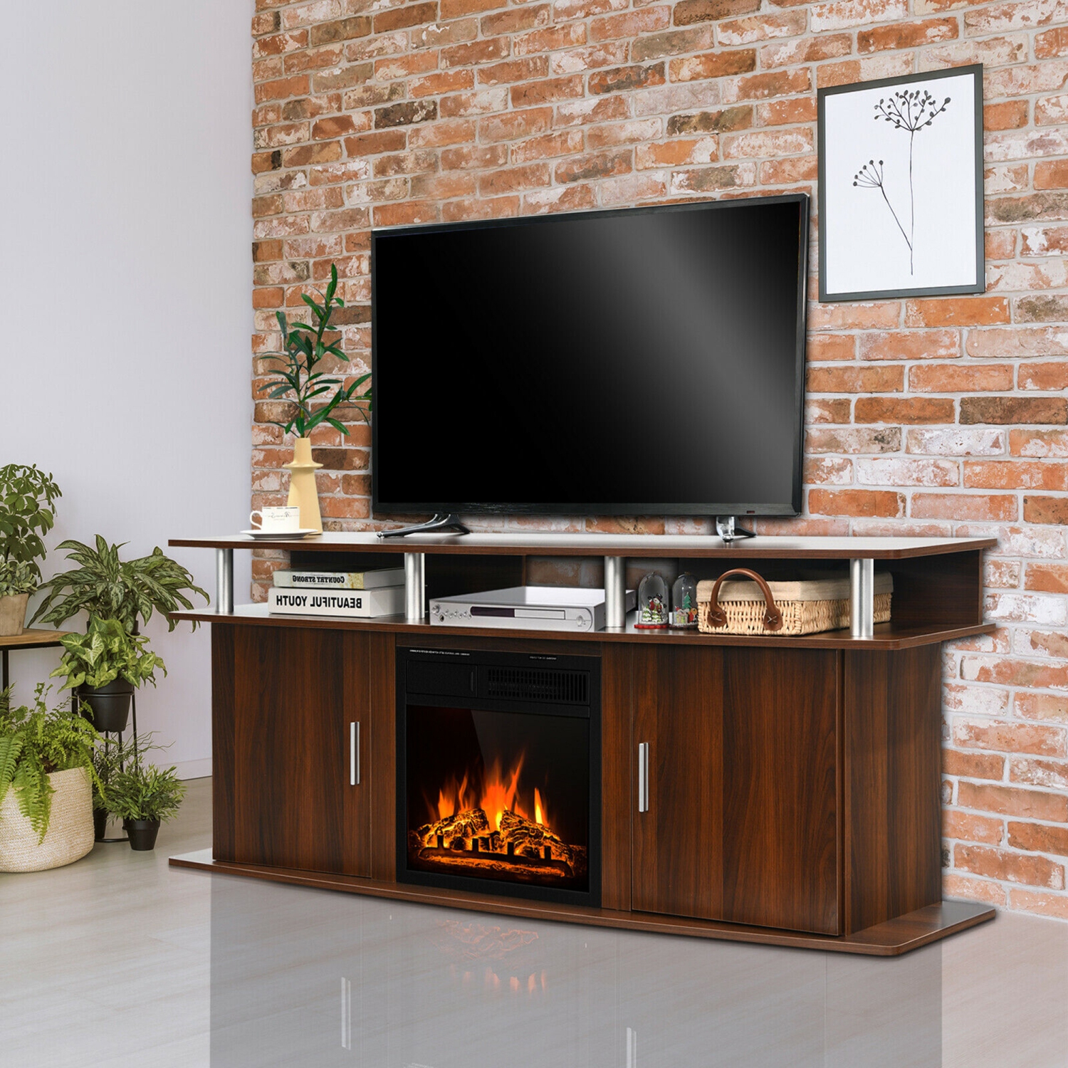 Gymax 63'' Fireplace TV Stand W/18'' 1500W Electric Fireplace up to 70'' Walnut