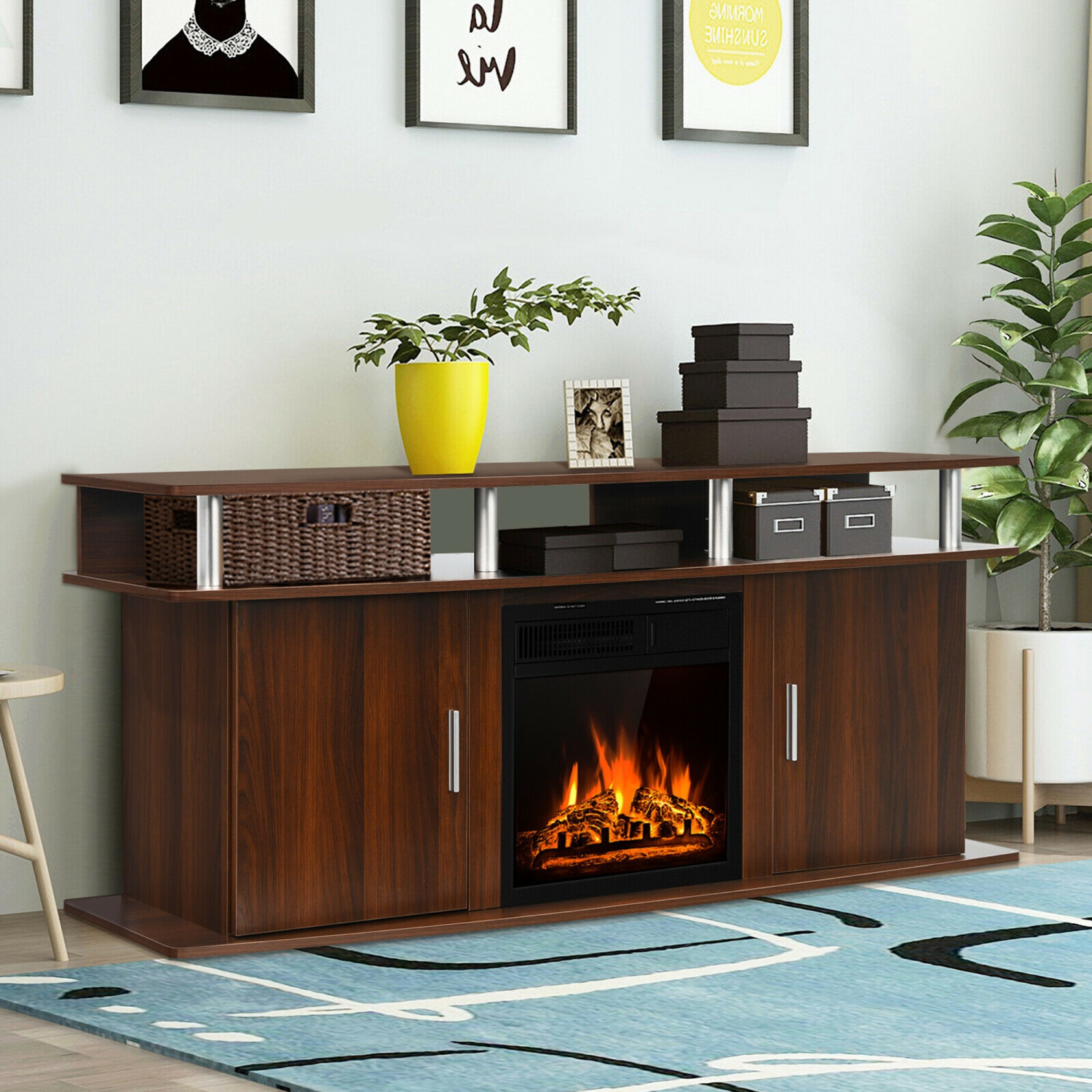 Gymax 63'' Fireplace TV Stand W/18'' 1500W Electric Fireplace up to 70'' Walnut