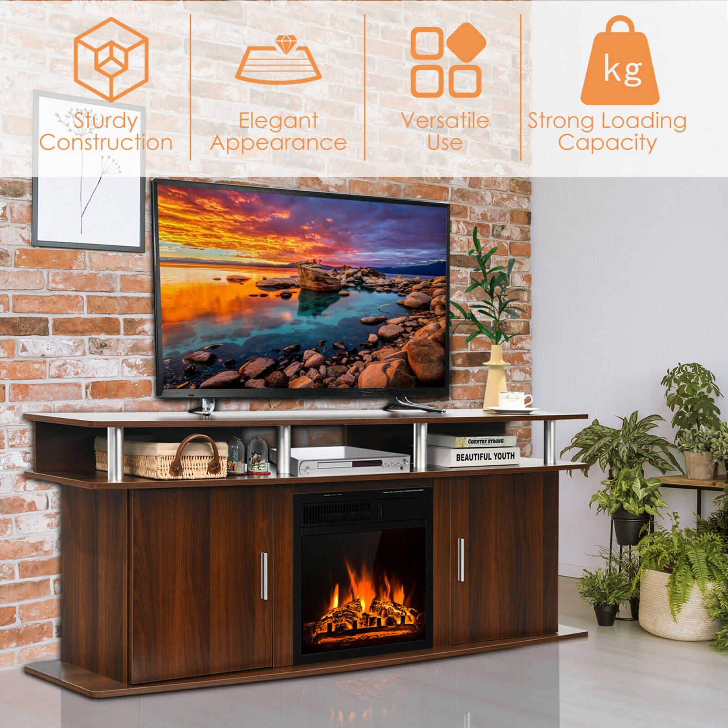 Gymax 63'' Fireplace TV Stand W/18'' 1500W Electric Fireplace up to 70'' Walnut