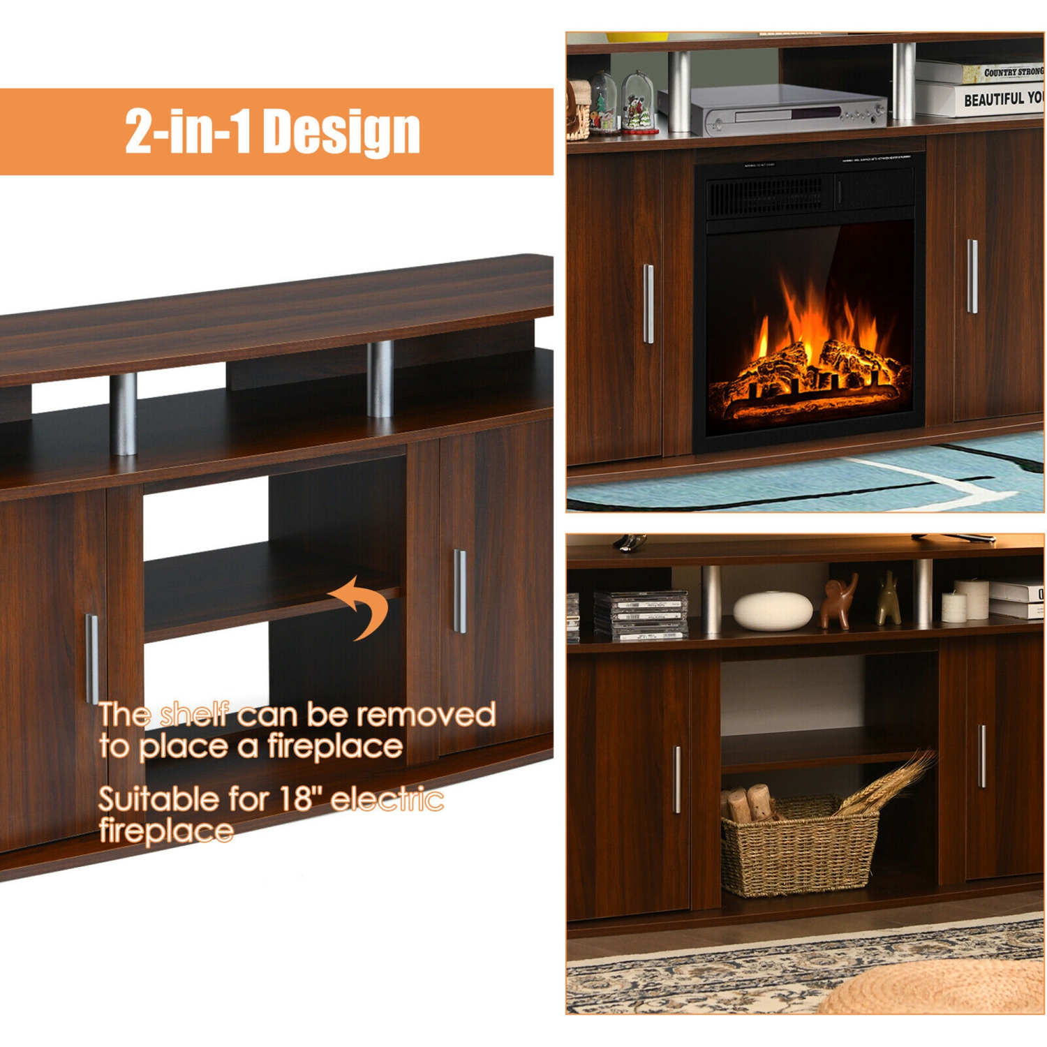 Gymax 63'' Fireplace TV Stand W/18'' 1500W Electric Fireplace up to 70'' Walnut