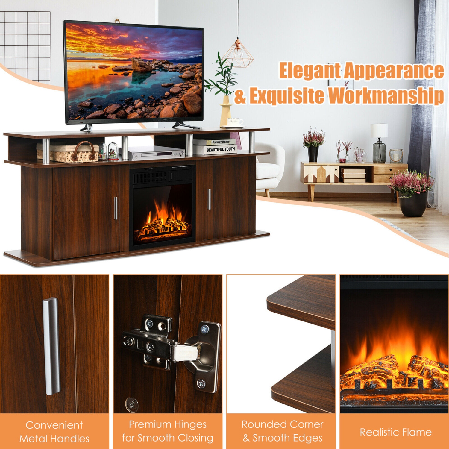 Gymax 63'' Fireplace TV Stand W/18'' 1500W Electric Fireplace up to 70'' Walnut