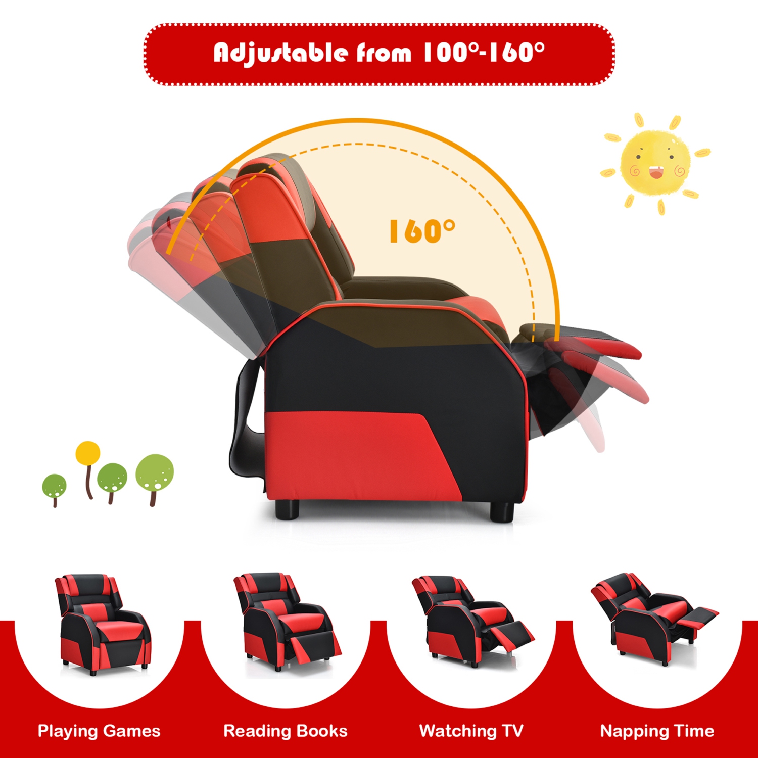 Gymax Gaming Recliner Sofa PU Leather Armchair for Kids Youth w/ Footrest Blue/Red/White/Yellow