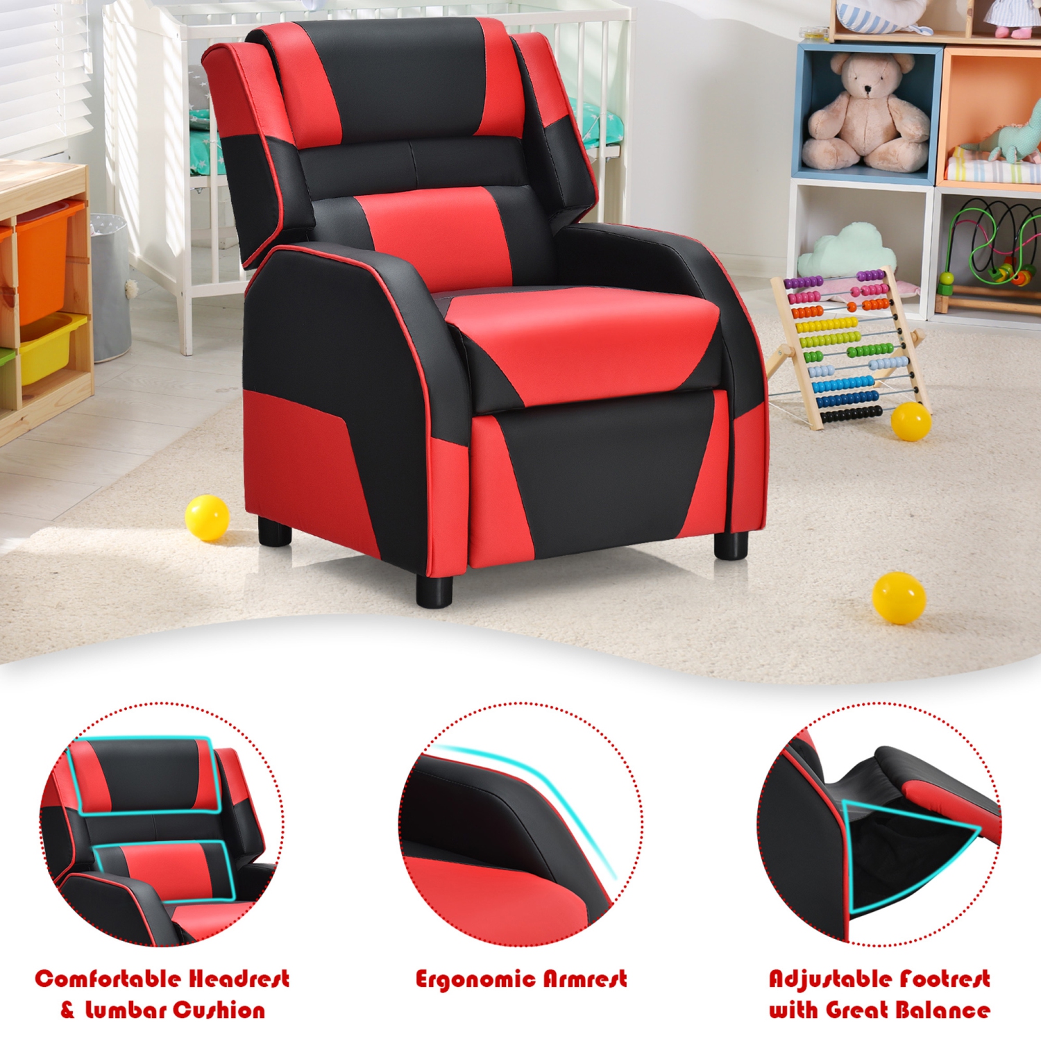 Gymax Gaming Recliner Sofa PU Leather Armchair for Kids Youth w/ Footrest Blue/Red/White/Yellow