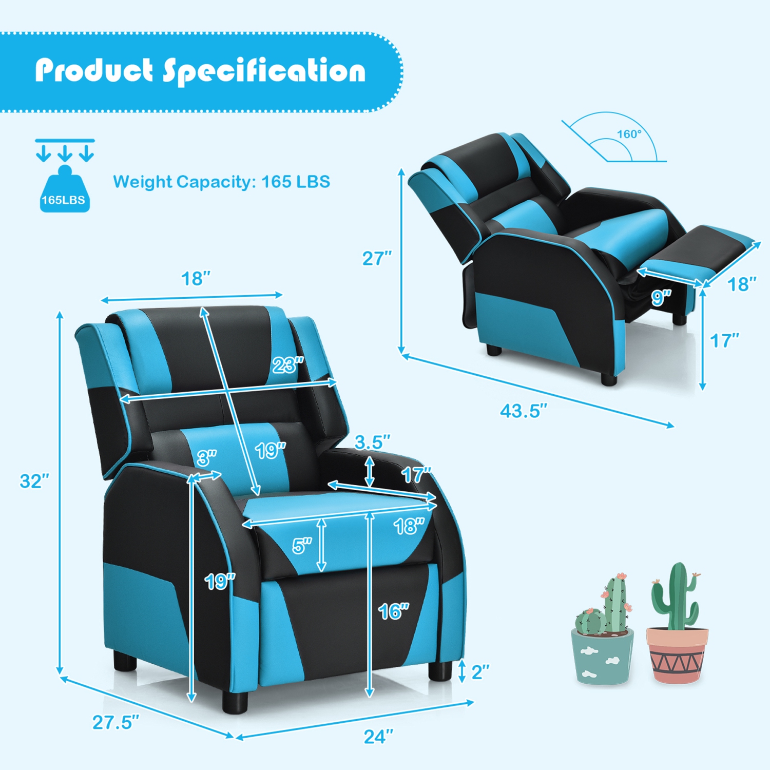 Gymax Gaming Recliner Sofa PU Leather Armchair for Kids Youth w/ Footrest Blue/Red/White/Yellow