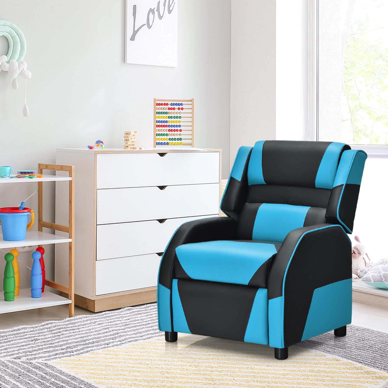 Gymax Gaming Recliner Sofa PU Leather Armchair for Kids Youth w/ Footrest Blue/Red/White/Yellow