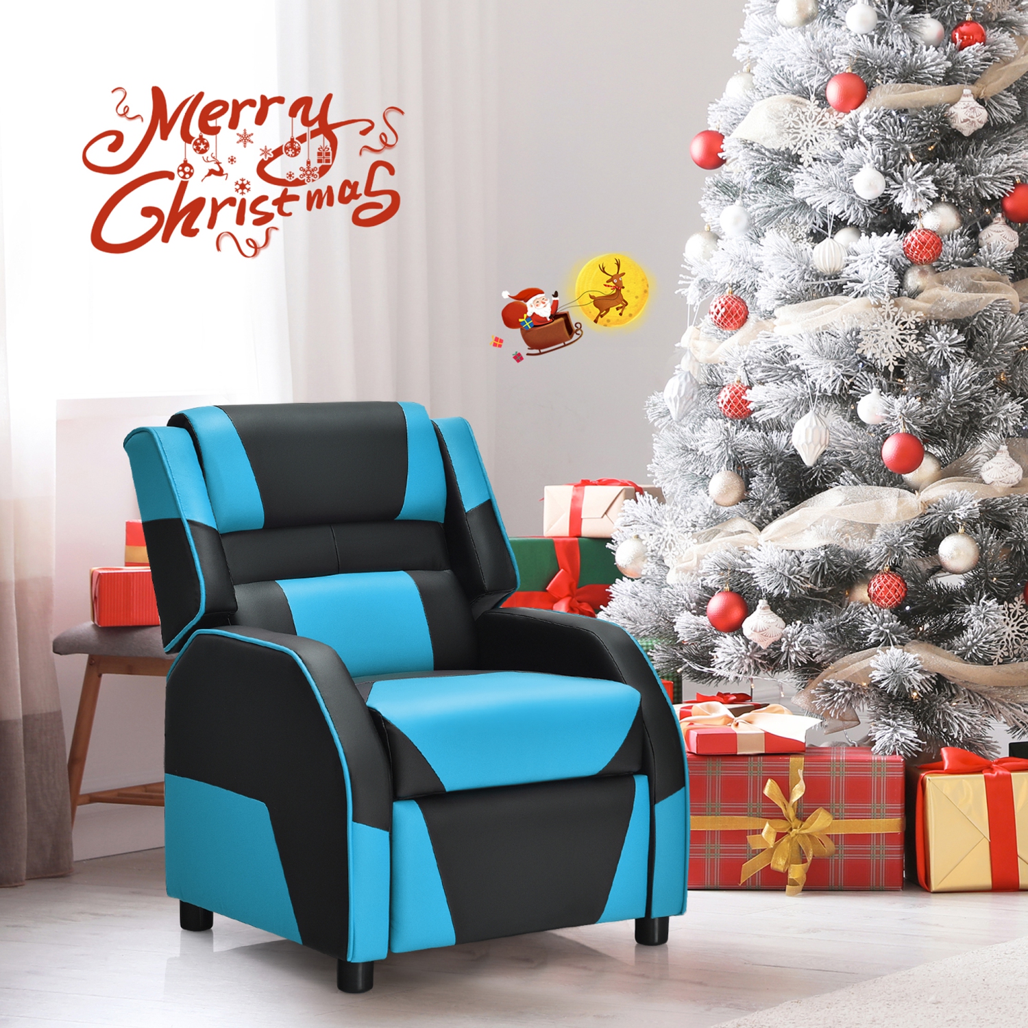 Gymax Gaming Recliner Sofa PU Leather Armchair for Kids Youth w/ Footrest Blue/Red/White/Yellow