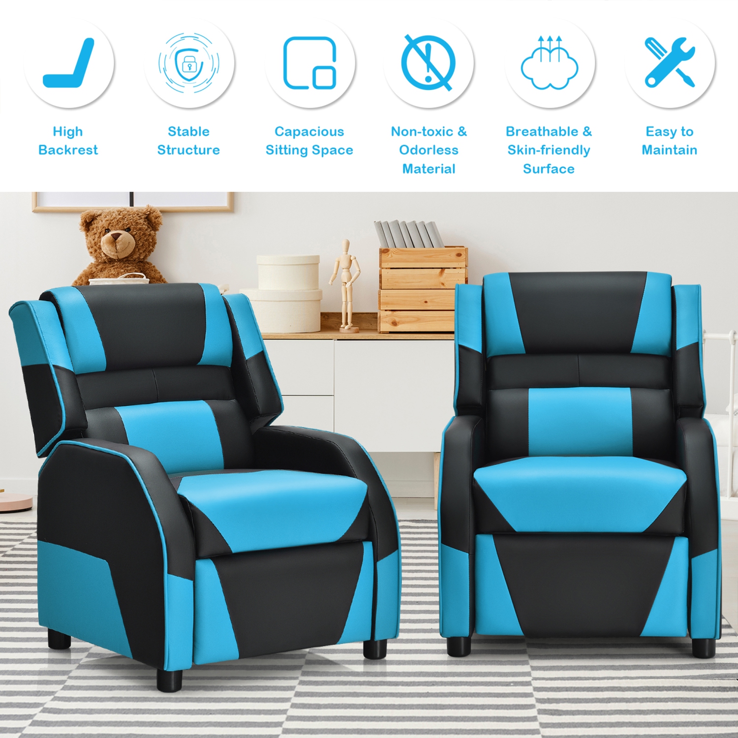 Gymax Gaming Recliner Sofa PU Leather Armchair for Kids Youth w/ Footrest Blue/Red/White/Yellow