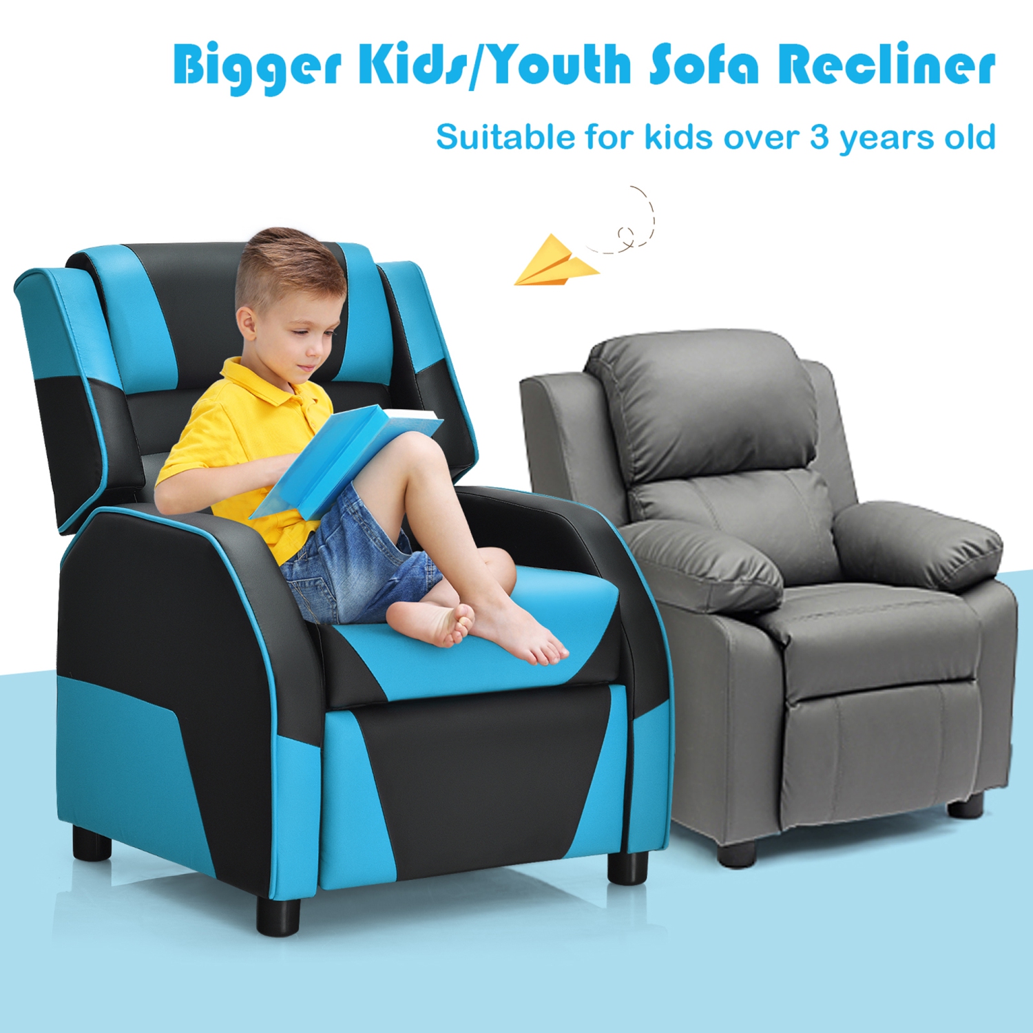Gymax Gaming Recliner Sofa PU Leather Armchair for Kids Youth w/ Footrest Blue/Red/White/Yellow