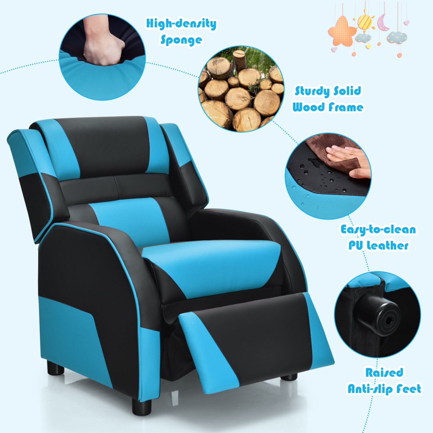 Gymax Gaming Recliner Sofa PU Leather Armchair for Kids Youth w/ Footrest Blue/Red/White/Yellow