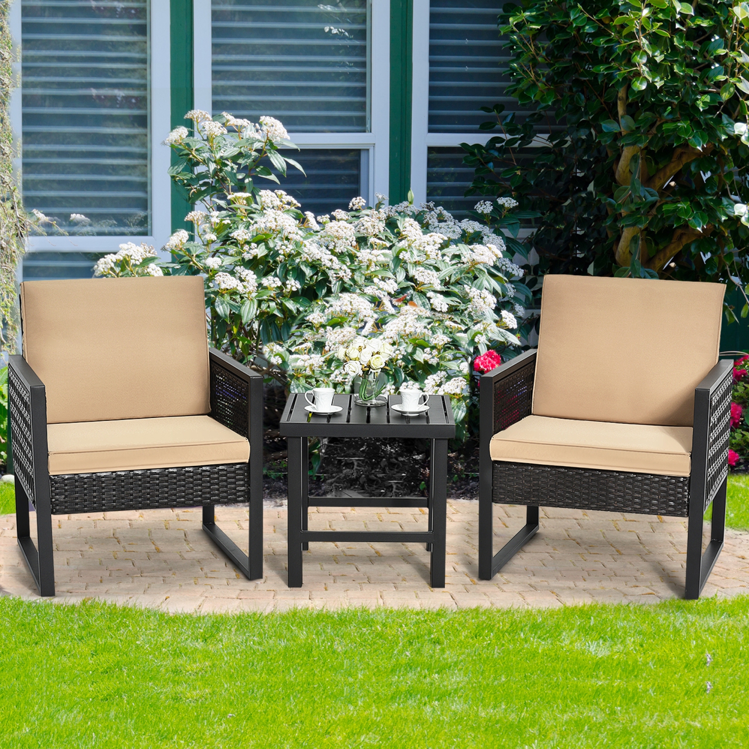 Gymax 3PCS Rattan Outdoor Bistro Set Patio Conversation Furniture Set w/ Cushions