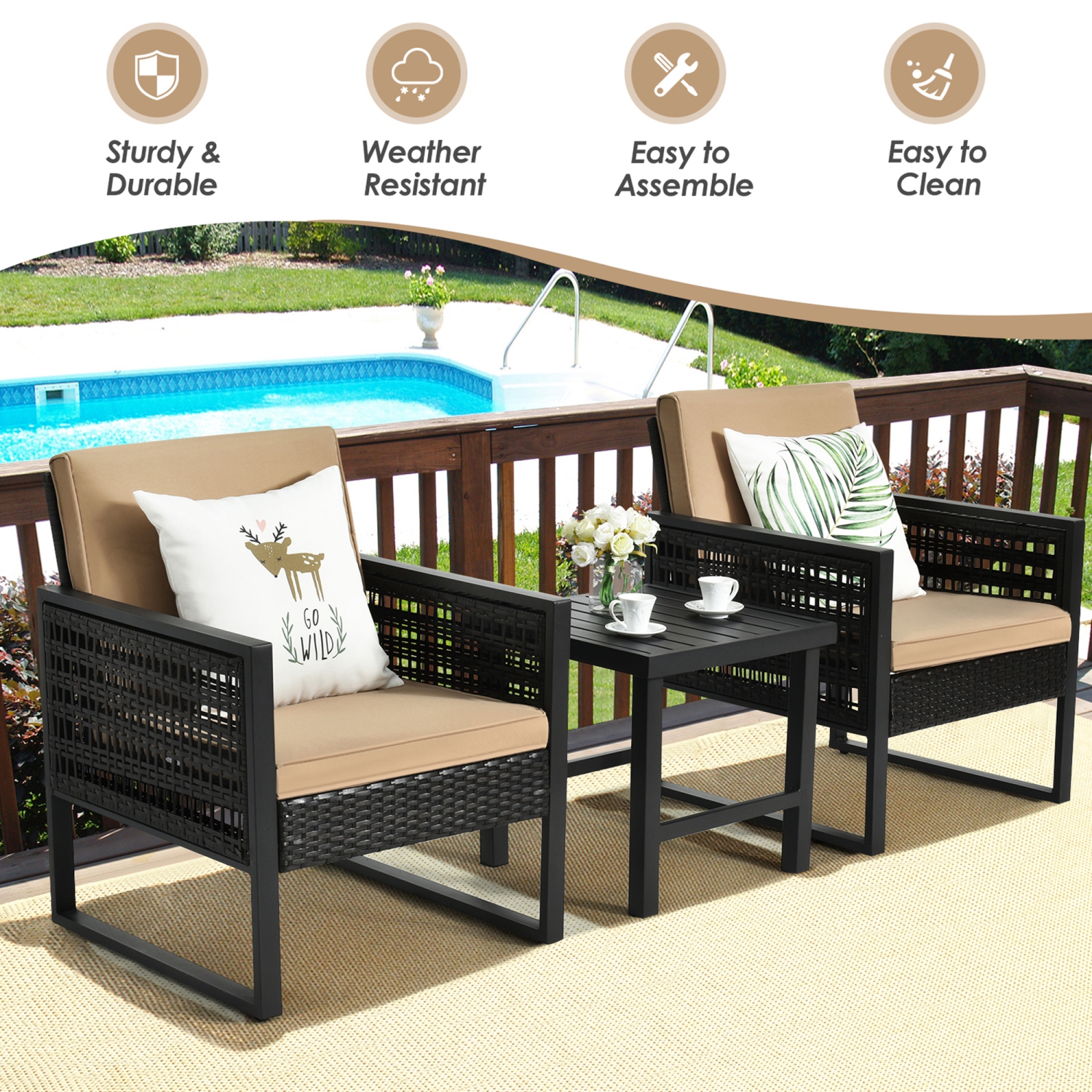 Gymax 3PCS Rattan Outdoor Bistro Set Patio Conversation Furniture Set w/ Cushions