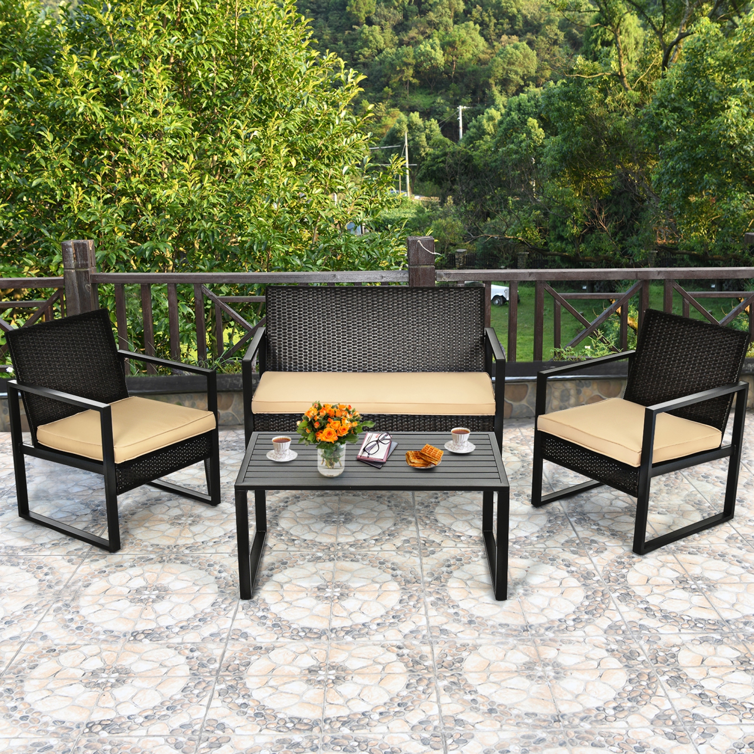 Gymax 4PCS Outdoor Wicker Rattan Furniture Set Patio Conversation Set w/ Cushions