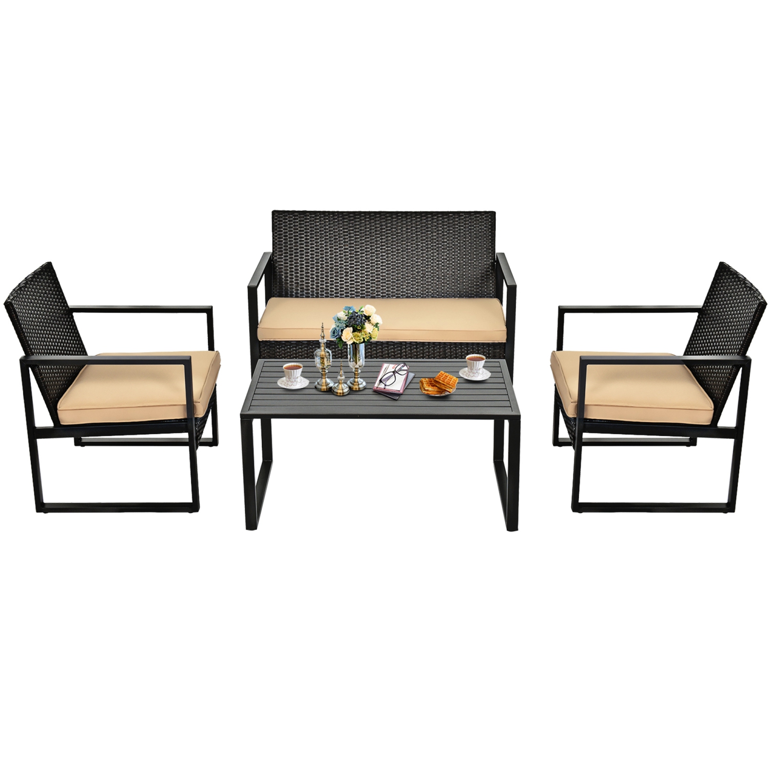 Gymax 4PCS Outdoor Wicker Rattan Furniture Set Patio Conversation Set w/ Cushions