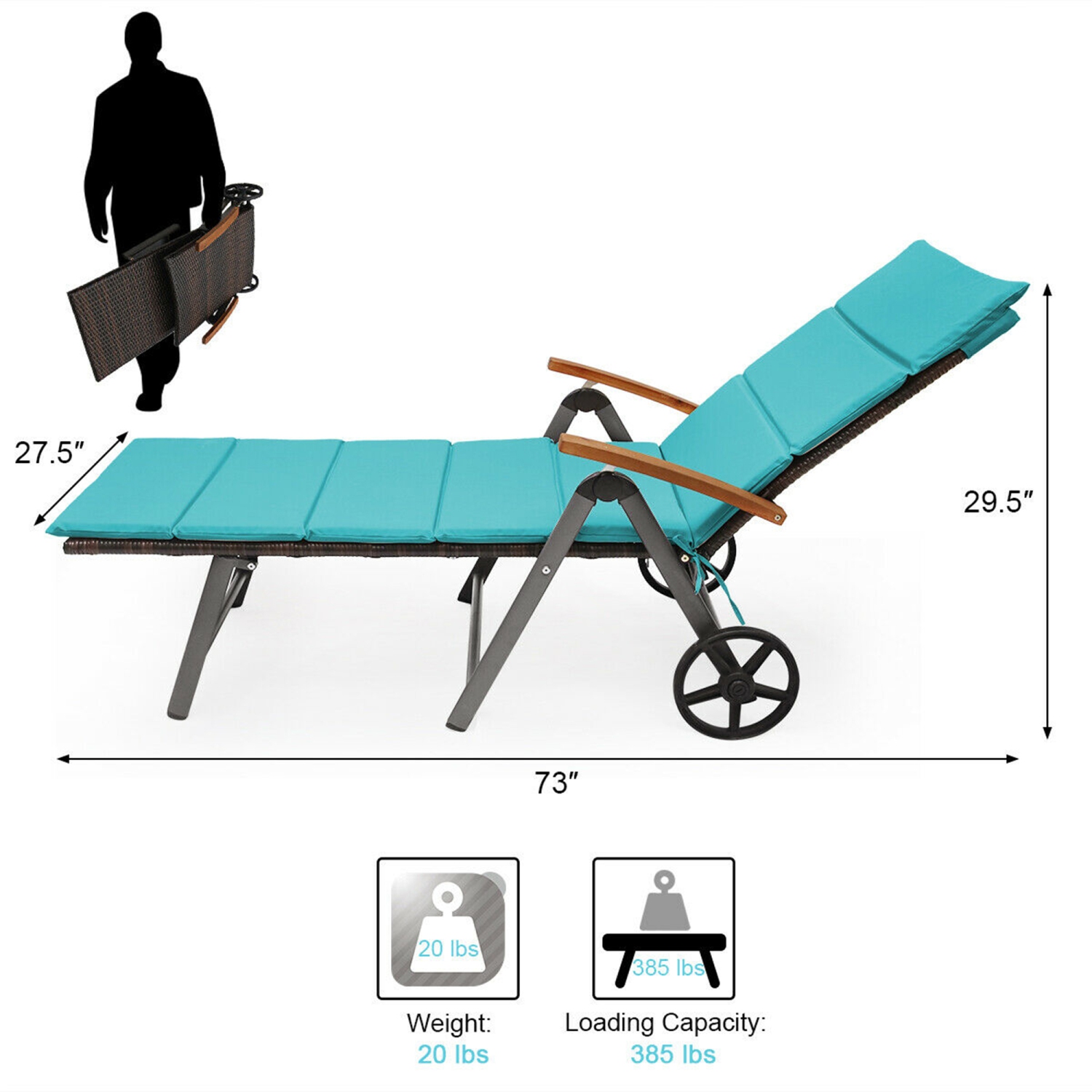 Gymax Folding Patio Rattan Lounge Chair Cushioned Aluminum Adjust Wheel Turquoise