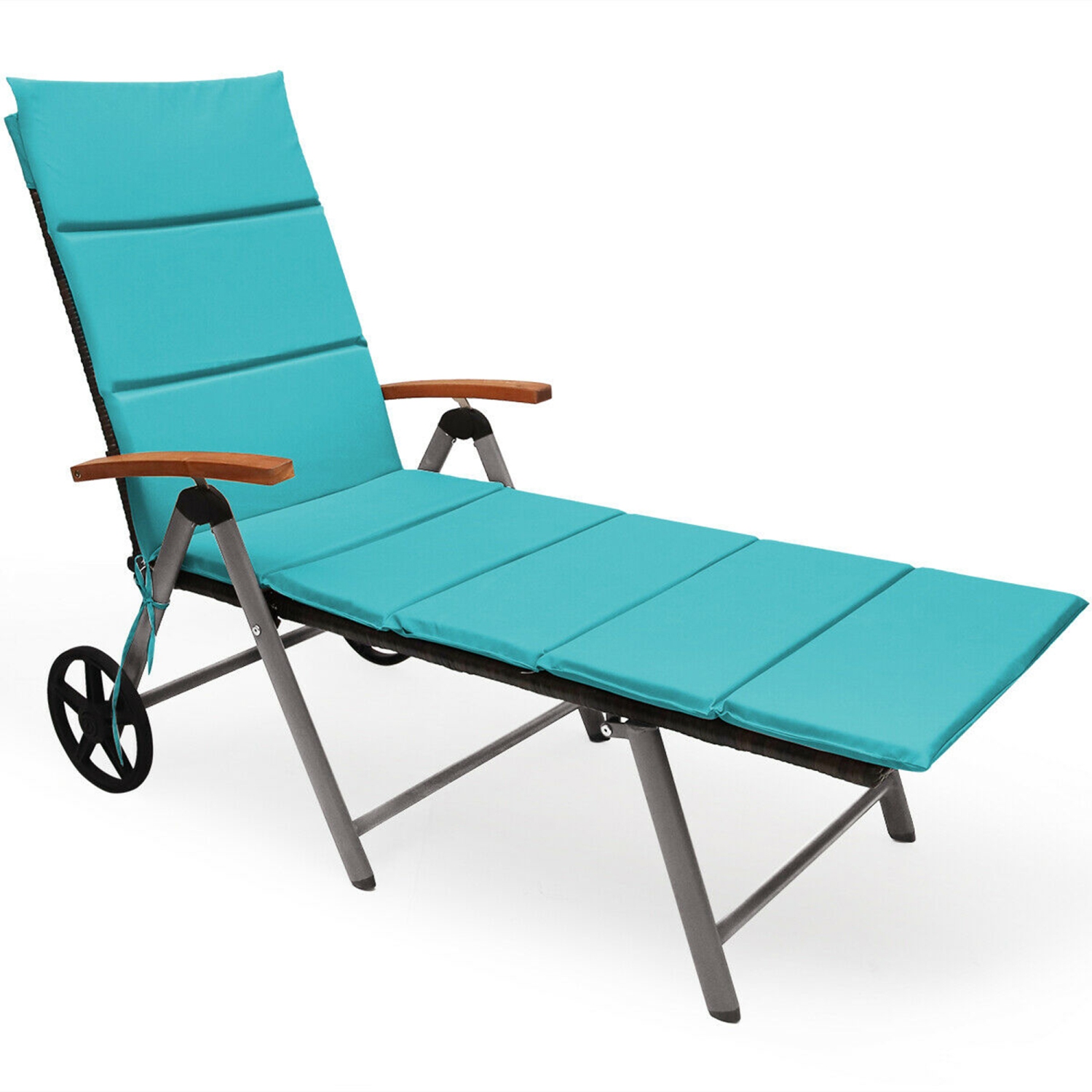 Gymax Folding Patio Rattan Lounge Chair Cushioned Aluminum Adjust Wheel Turquoise