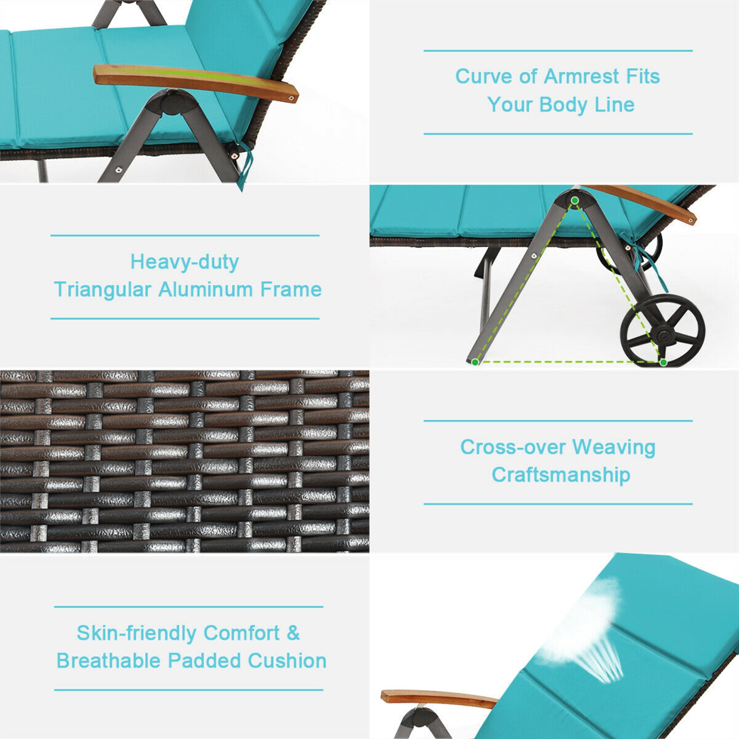 Gymax Folding Patio Rattan Lounge Chair Cushioned Aluminum Adjust Wheel Turquoise
