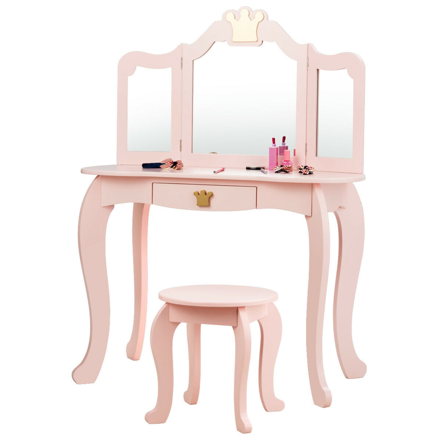 Gymax Makeup Dressing Table Chair Set Princess Vanity & Tri-folding Mirror Pink