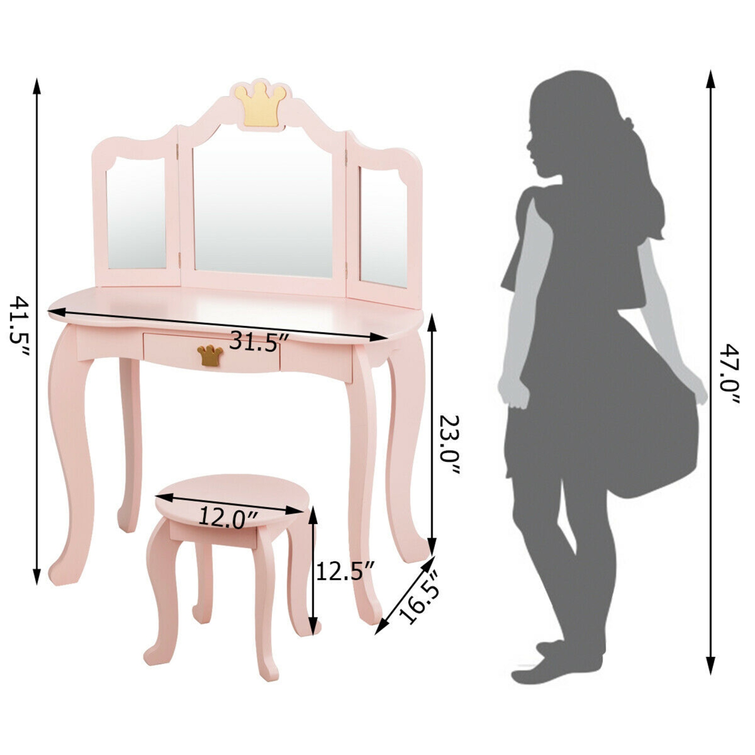 Gymax Makeup Dressing Table Chair Set Princess Vanity & Tri-folding Mirror Pink