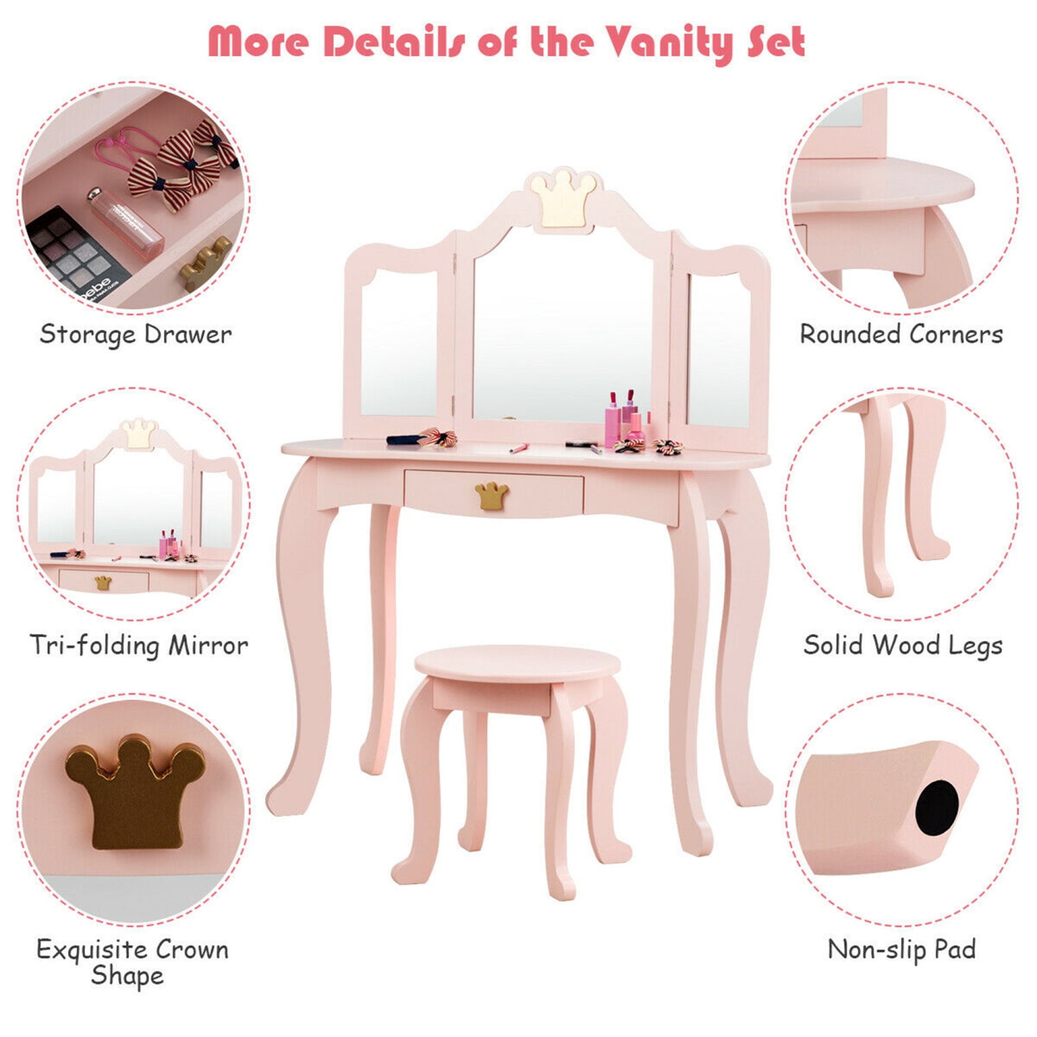 Gymax Makeup Dressing Table Chair Set Princess Vanity & Tri-folding Mirror Pink