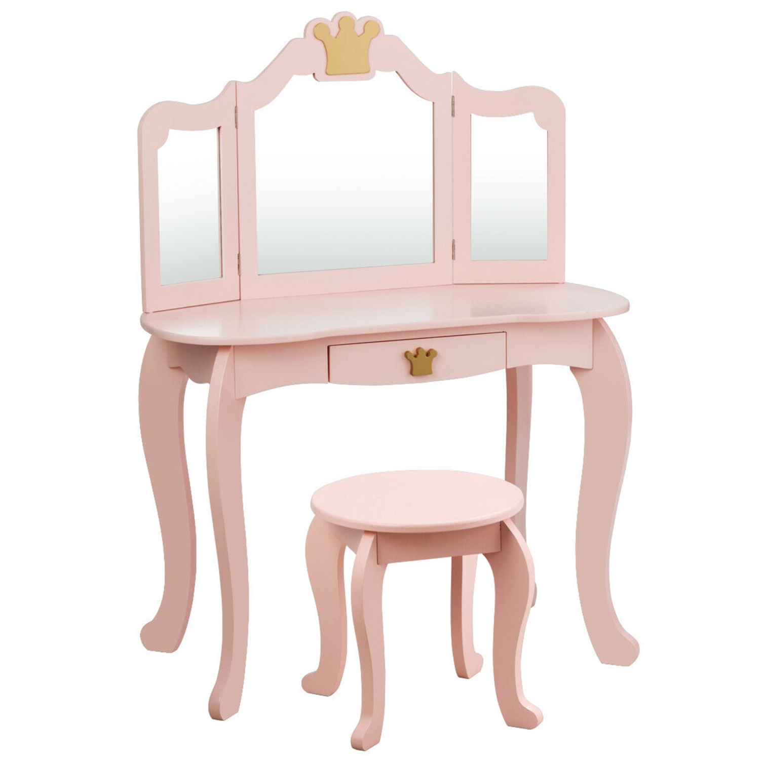 Gymax Makeup Dressing Table Chair Set Princess Vanity & Tri-folding Mirror Pink