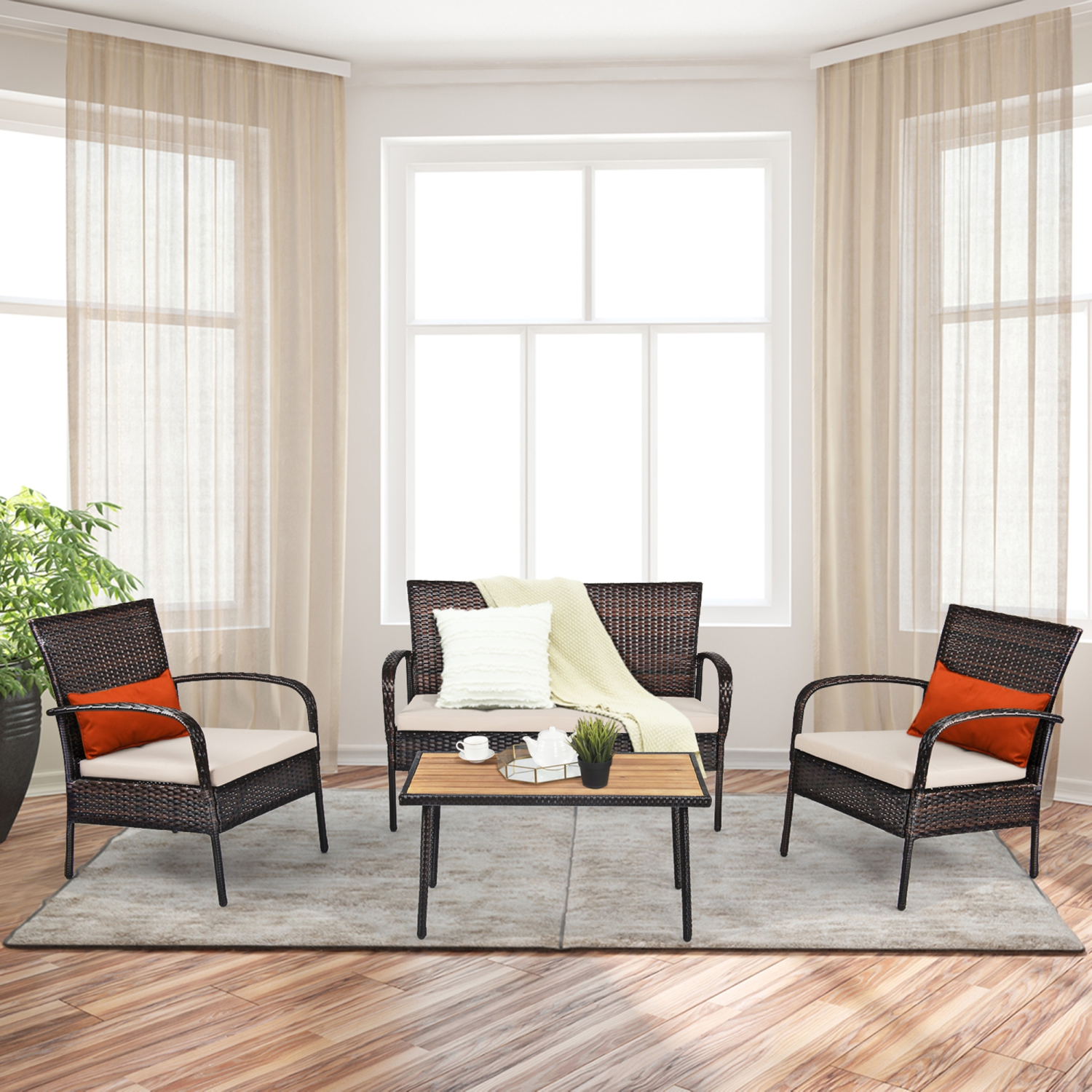 Gymax 4PCS Cushioned Rattan Patio Conversation Set Outdoor Furniture Set