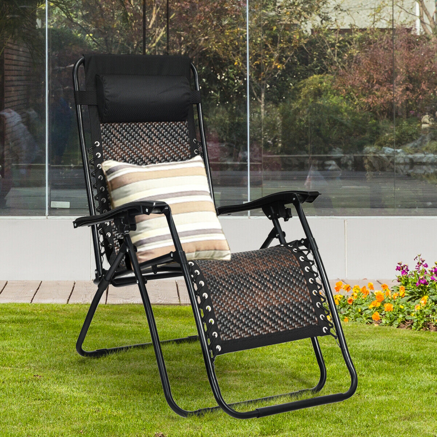 Gymax Folding Rattan Patio Lounge Chair Recliner w/ Headrest