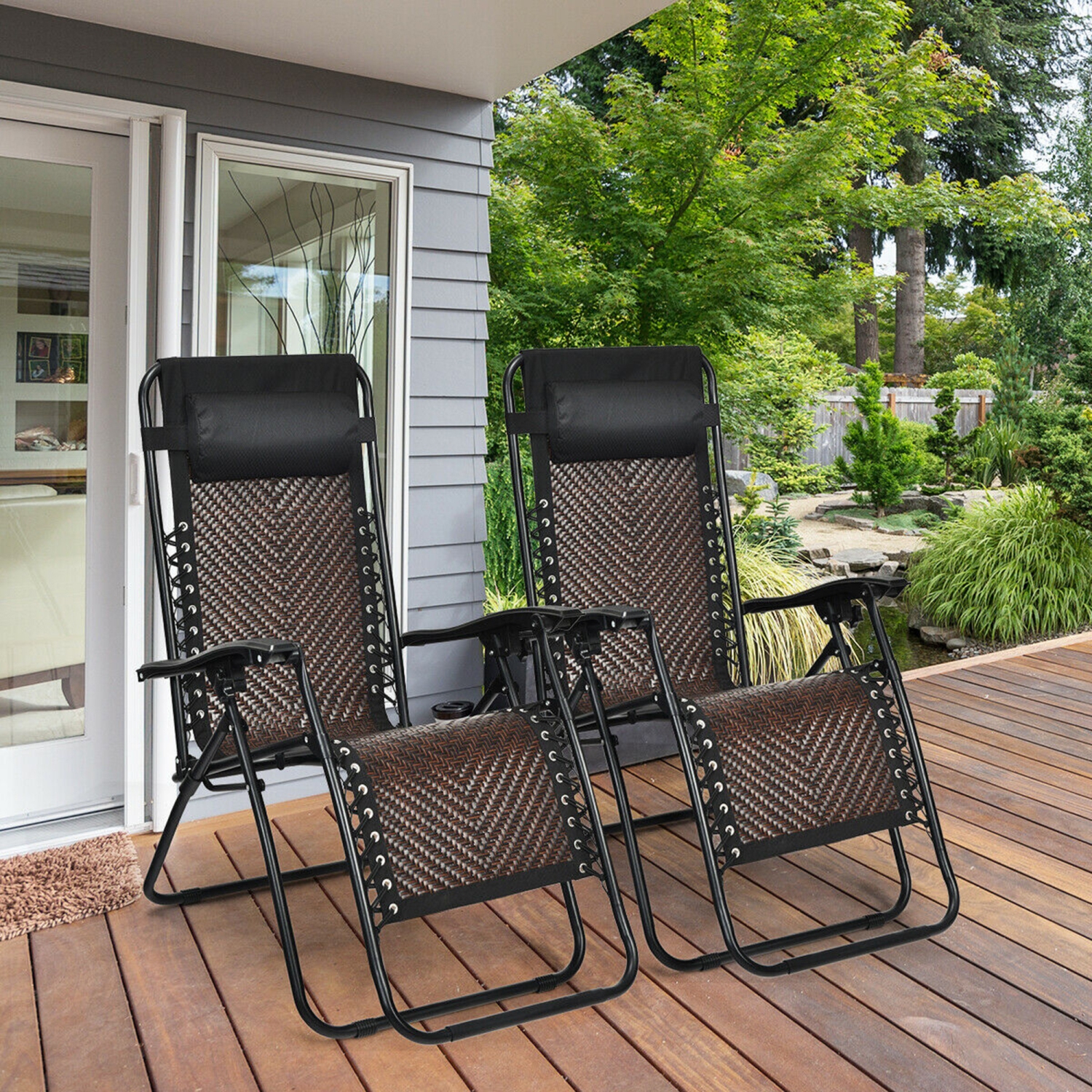 Gymax Set of 2 Folding Rattan Patio Lounge Chair Recliner w/ Headrest